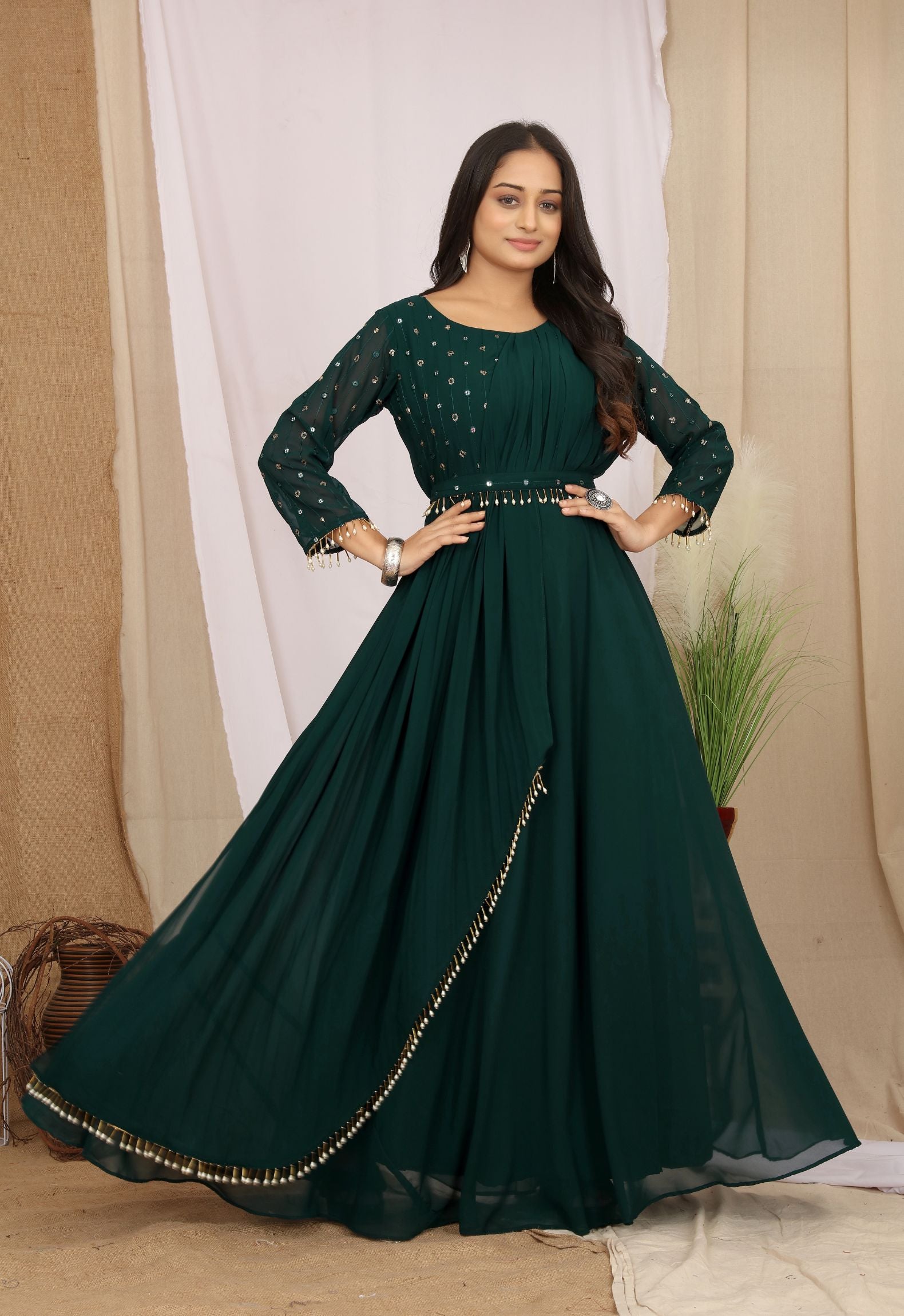 Buy Green Embroidered Ethnic Dress With Belt - PREMROOP – Premroop