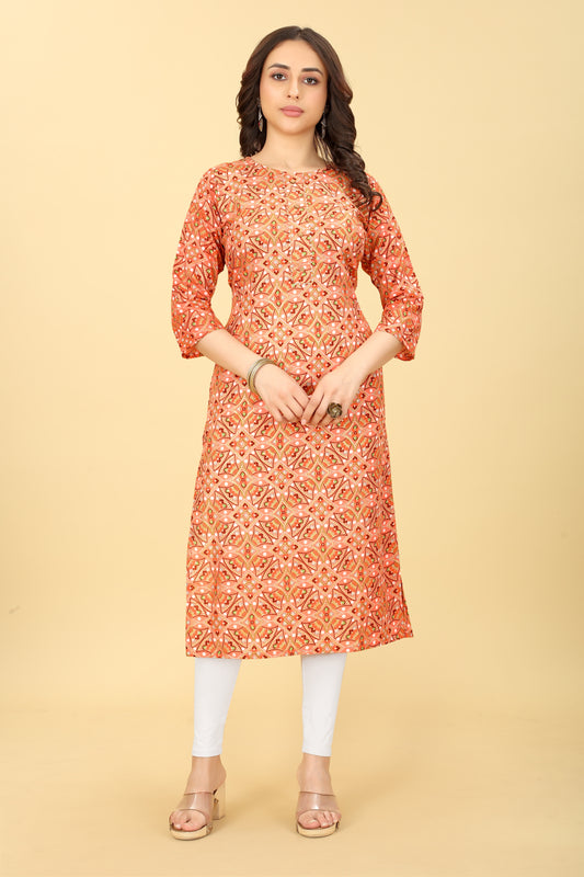 Chic Foil Blossom Peach Cotton Print Straight Kurtis for women