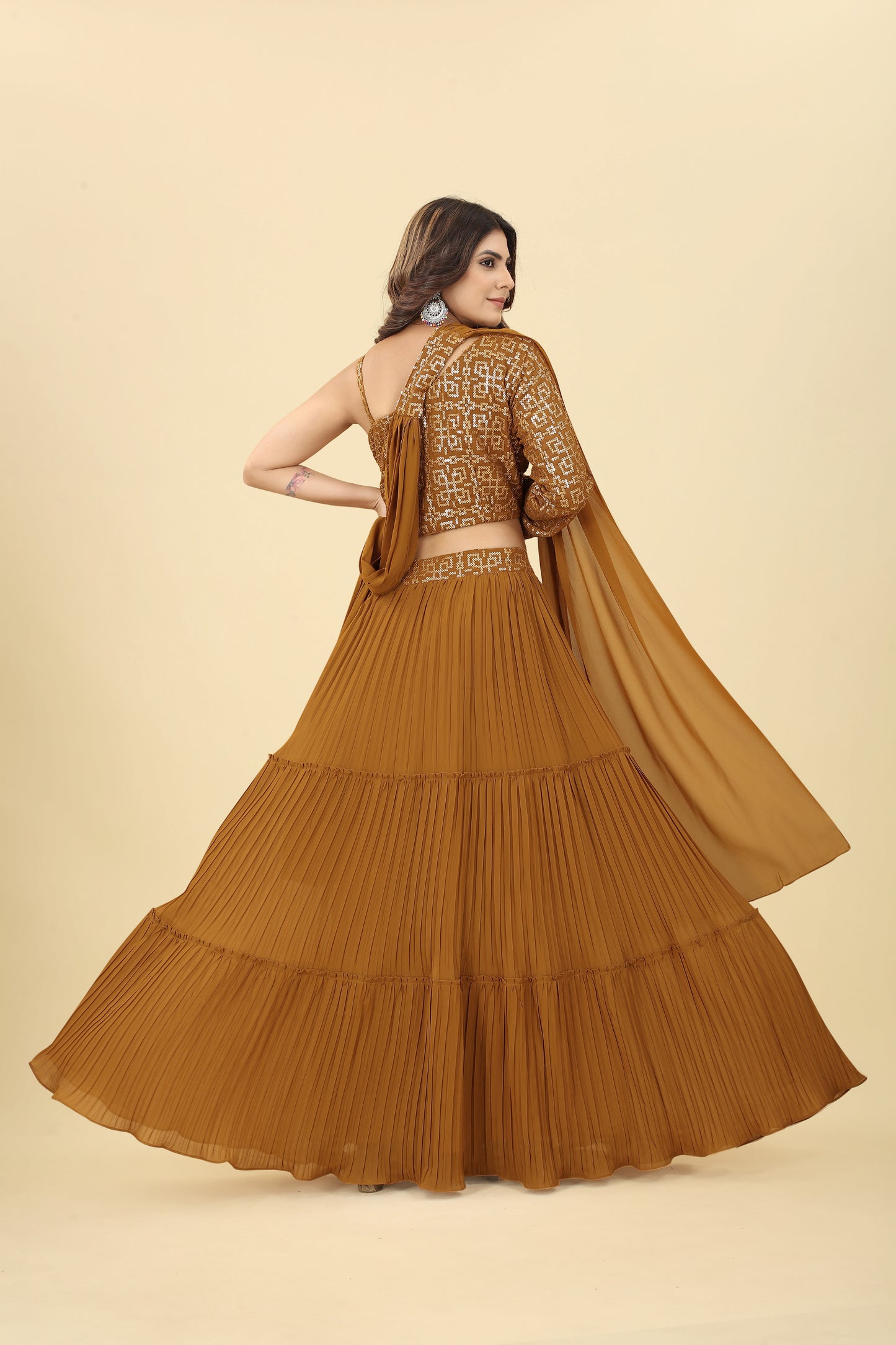 Mustard Sequinned Blouse With Lehenga