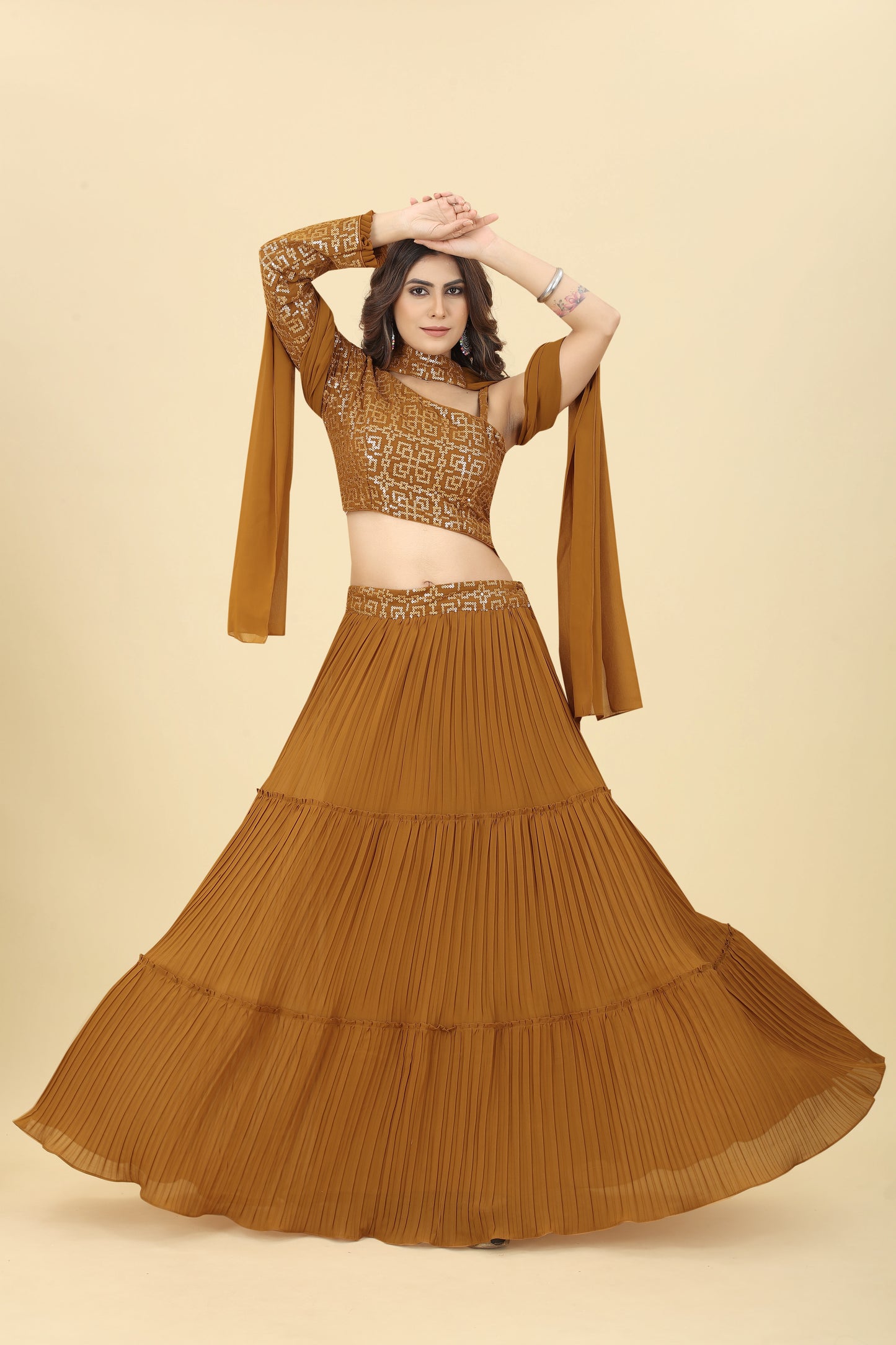 Mustard Sequinned Blouse With Lehenga