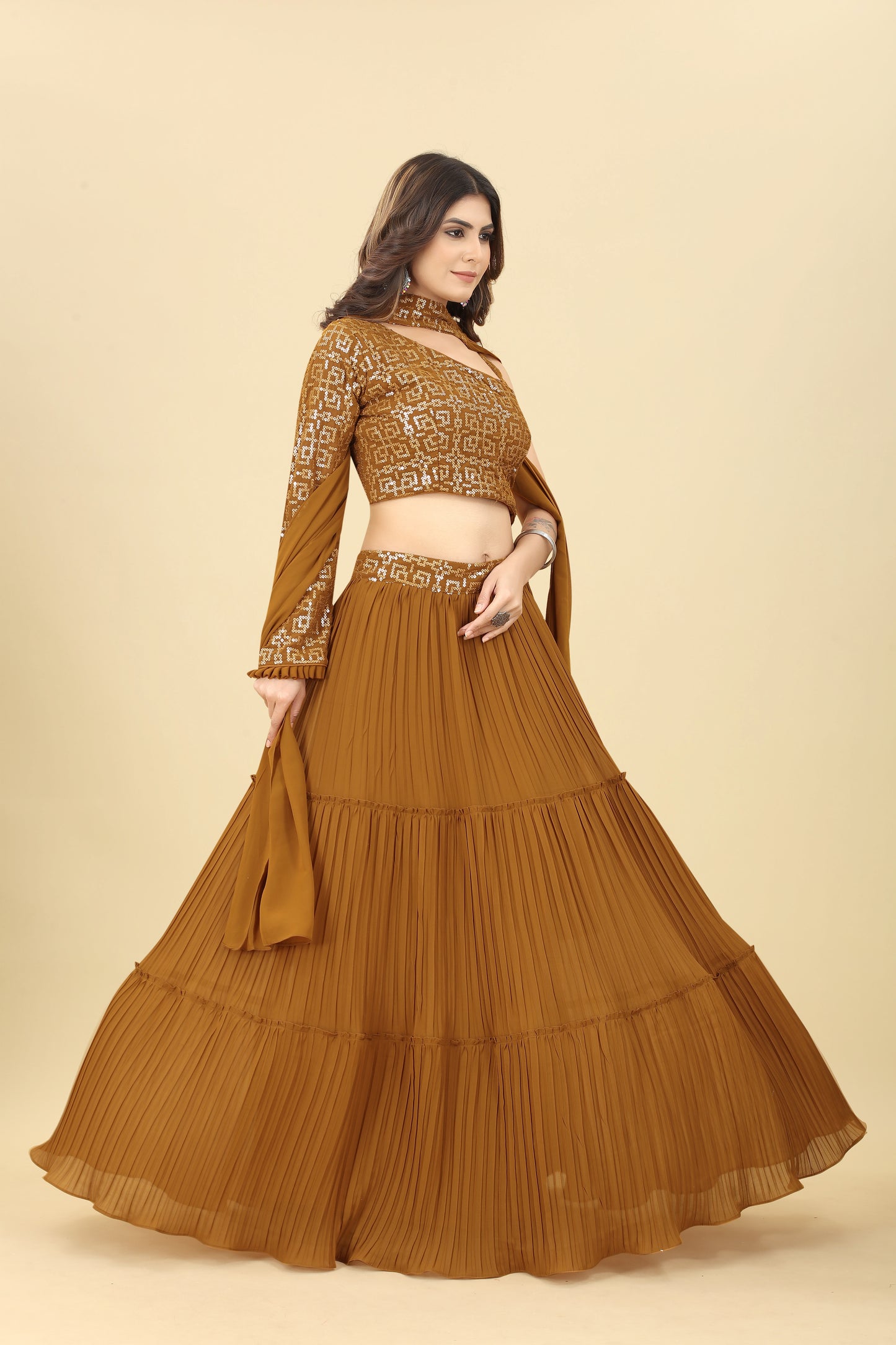 Mustard Sequinned Blouse With Lehenga