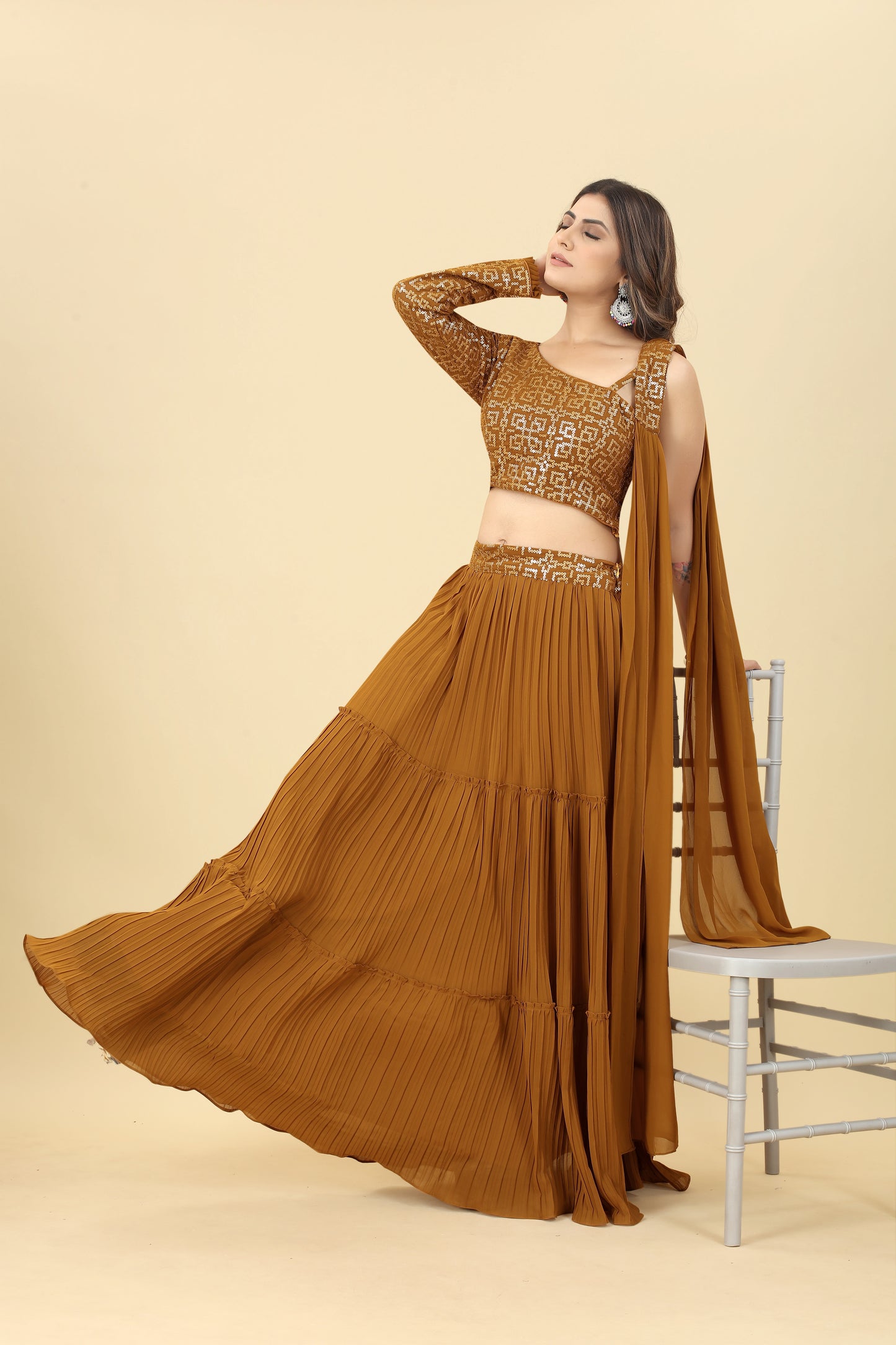 Mustard Sequinned Blouse With Lehenga