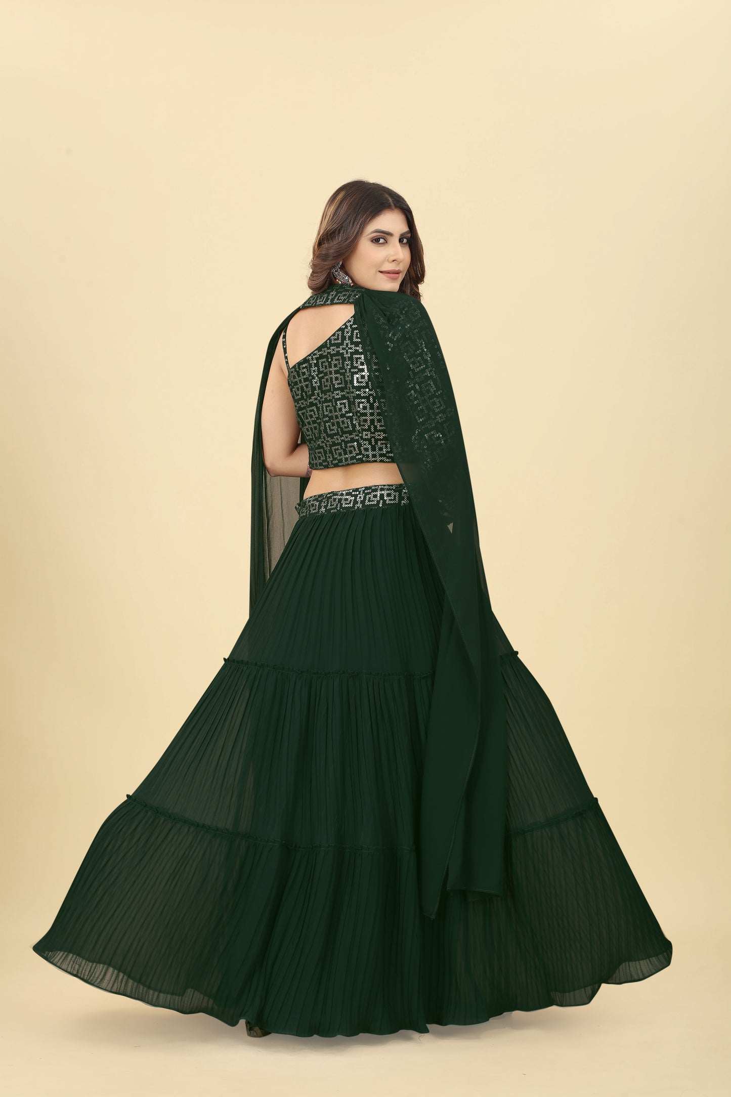 Green Sequinned One-shoulder Blouse With Pleated Lehenga