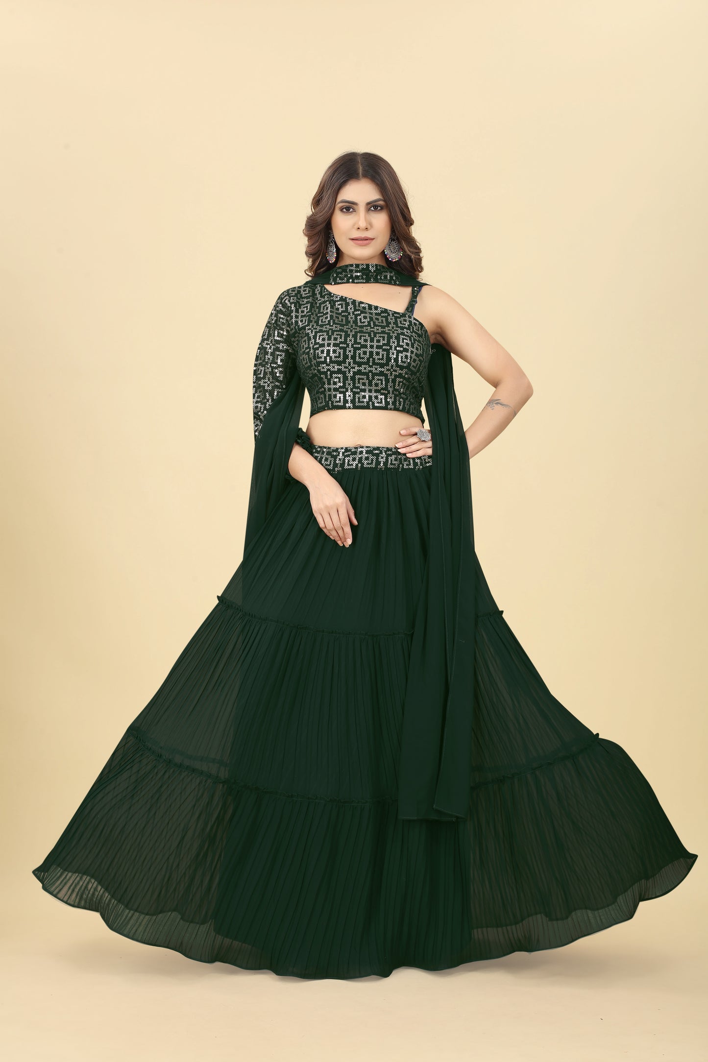 Green Sequinned One-shoulder Blouse With Pleated Lehenga