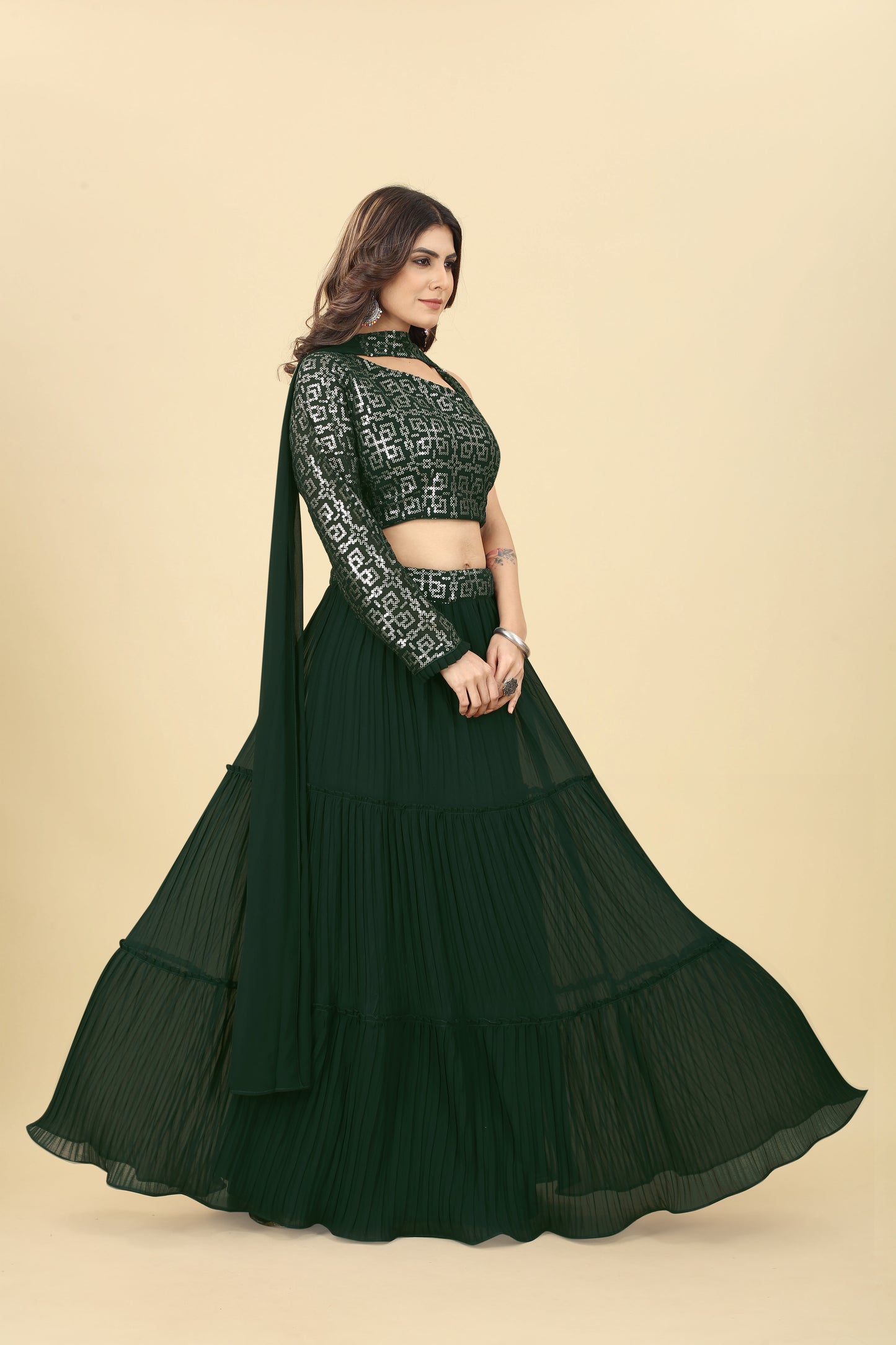 Green Sequinned One-shoulder Blouse With Pleated Lehenga