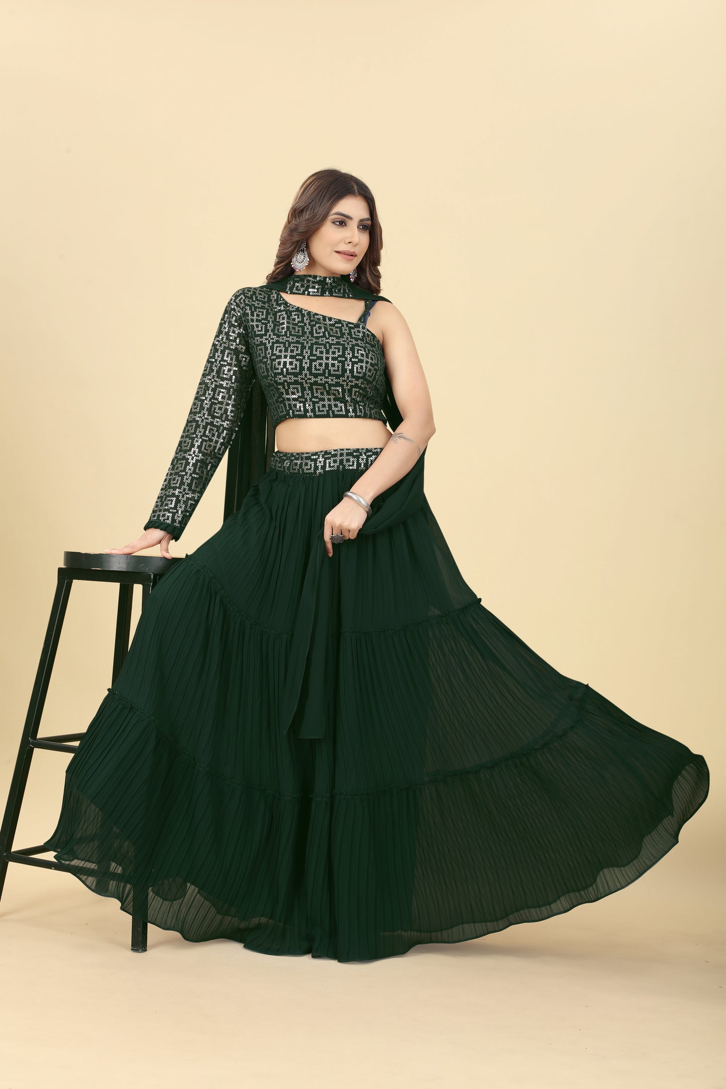 Green Sequinned One-shoulder Blouse With Pleated Lehenga