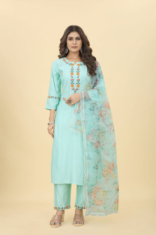 Sky Blue Women Cotton Straight Kurti, Pant with Dupatta