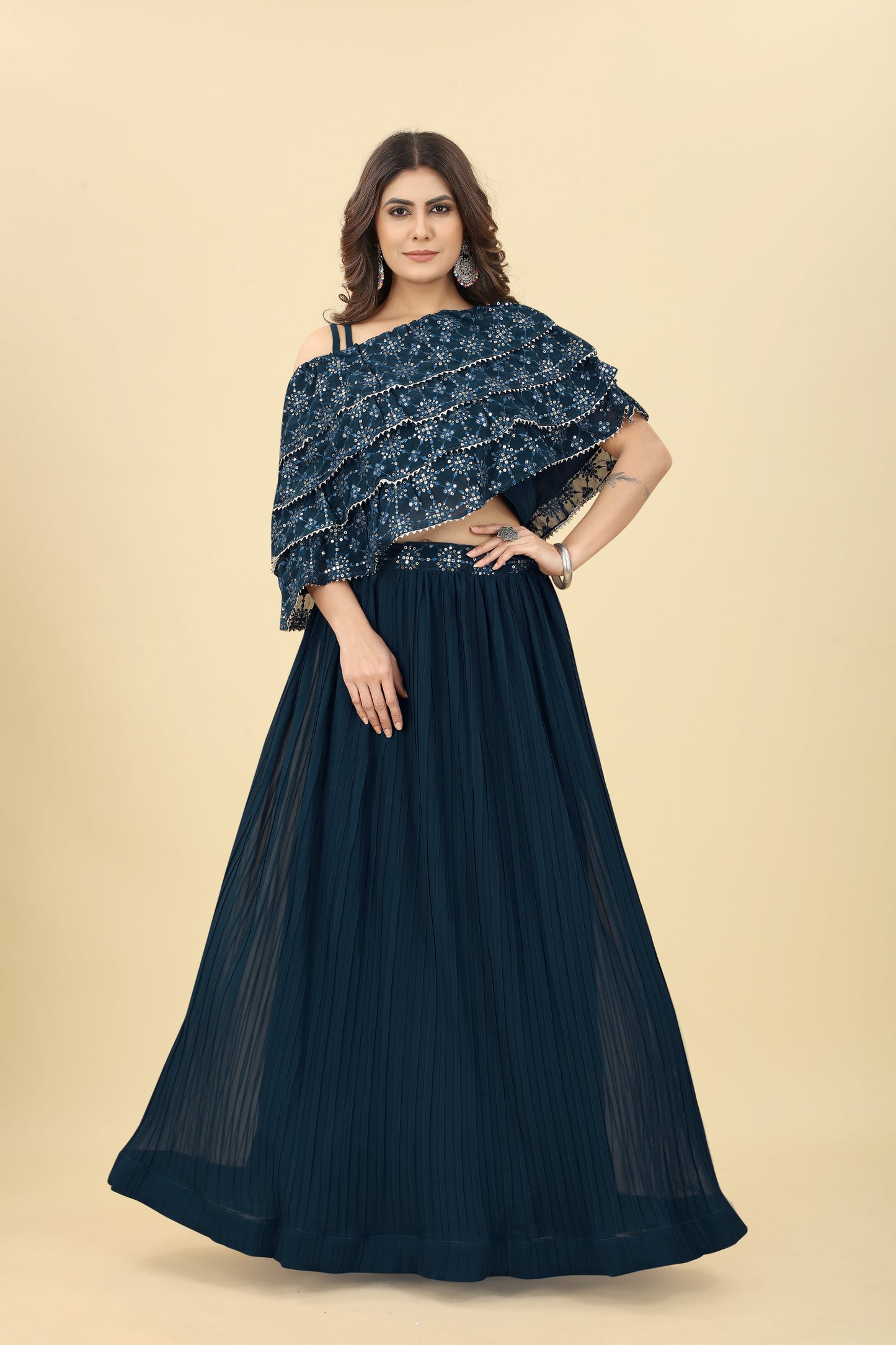 Navy Blue Sequinned One-shoulder Blouse With Lehenga