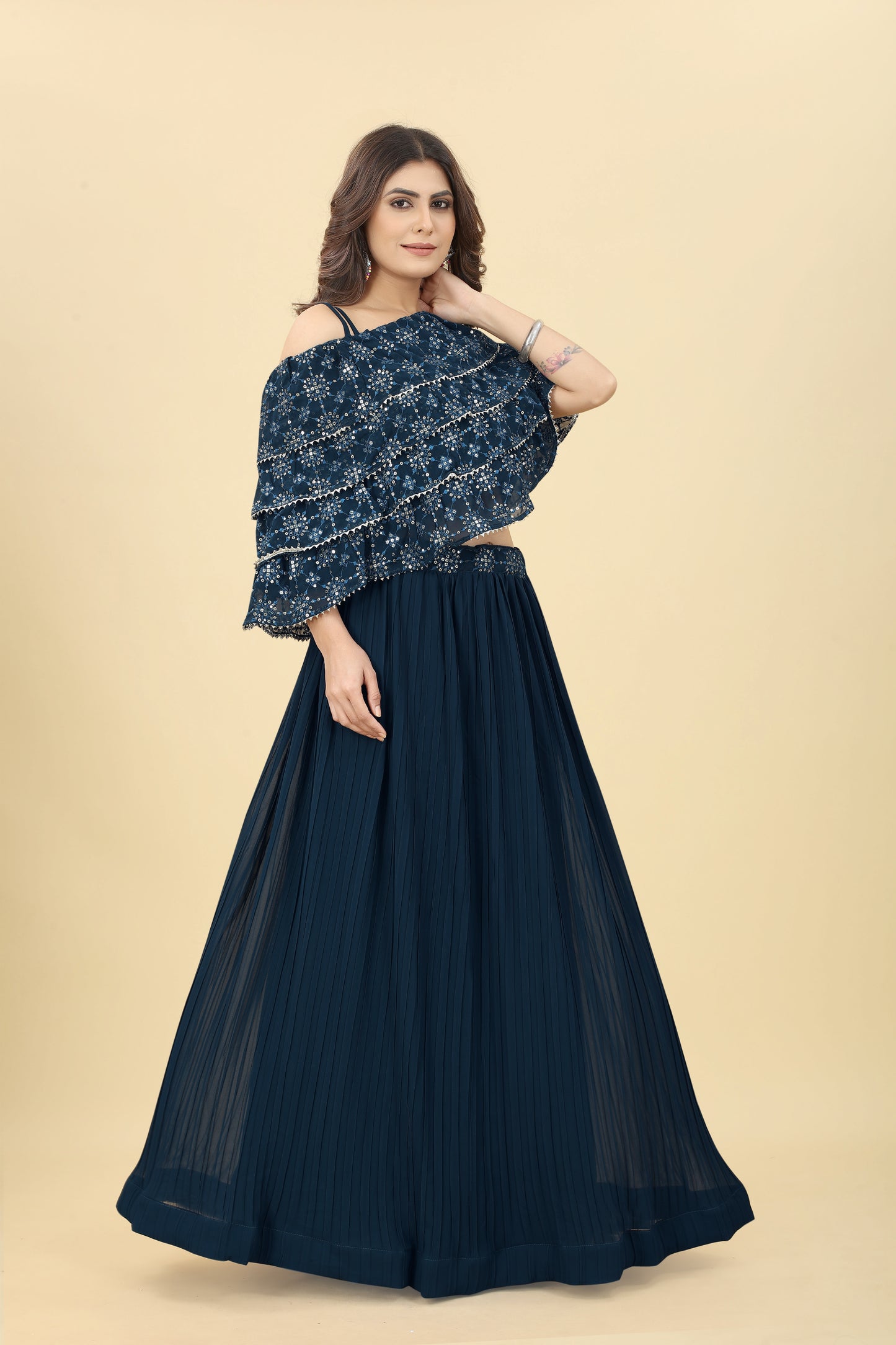 Navy Blue Sequinned One-shoulder Blouse With Lehenga