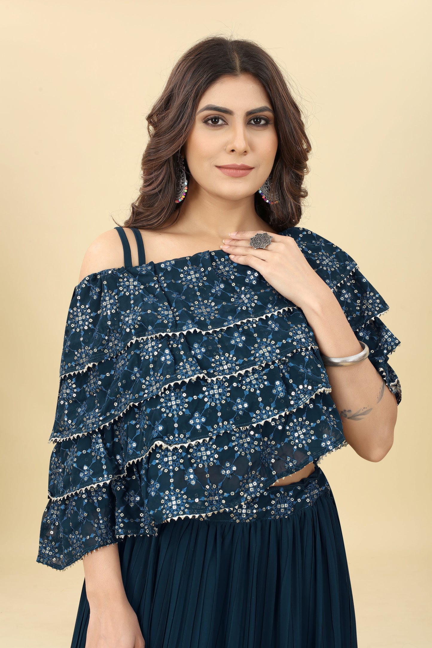 Navy Blue Sequinned One-shoulder Blouse With Lehenga