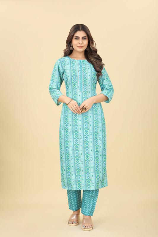 Sky Blue Women Cotton Straight Kurti with Pant