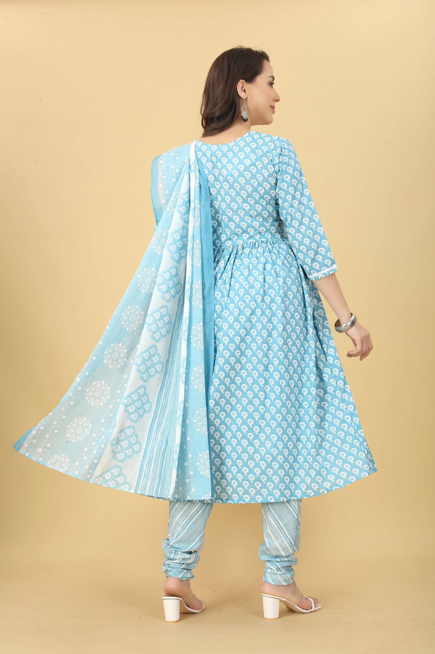 Blue Women Cotton Kurti Pant With Dupatta