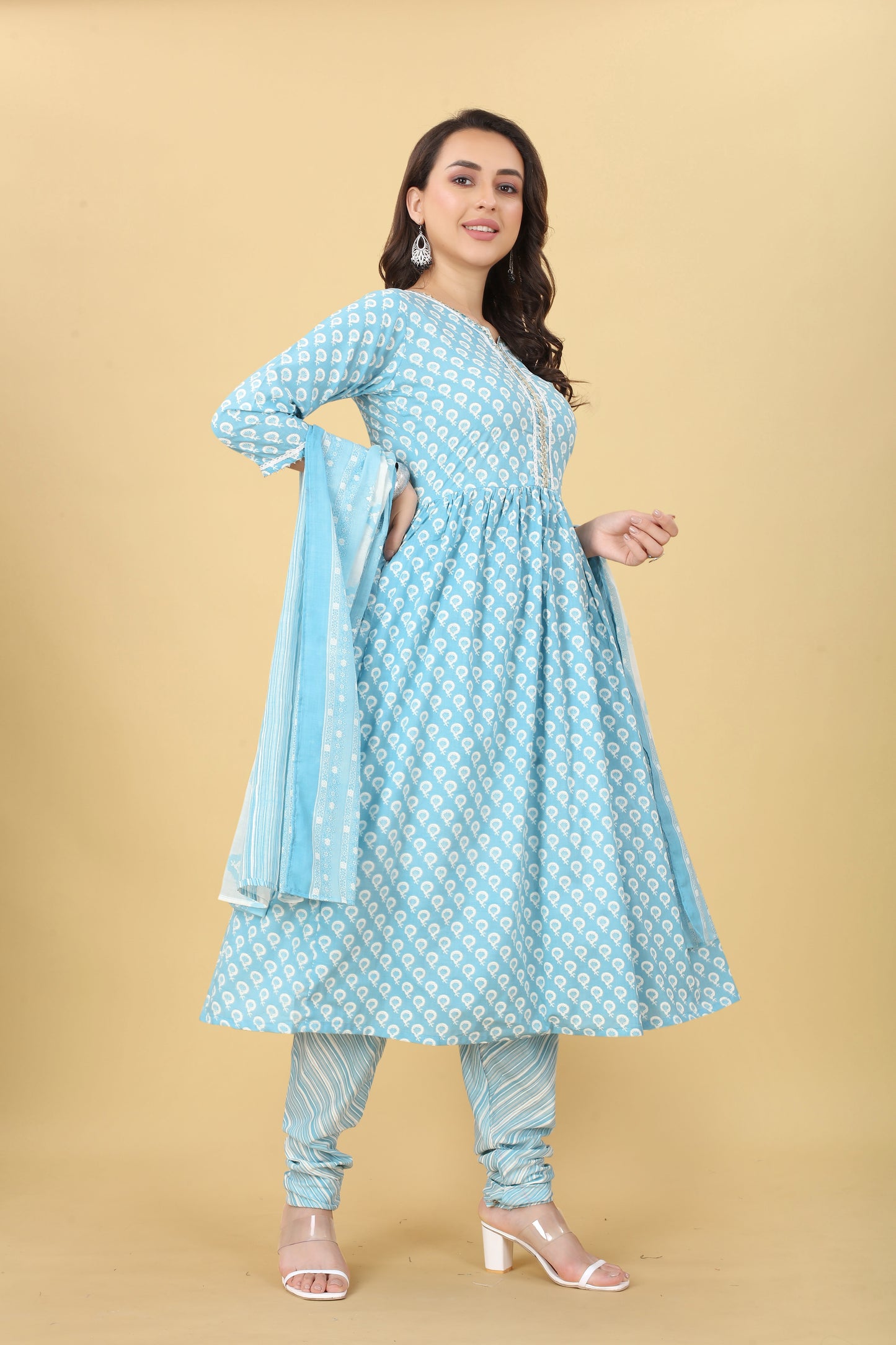 Blue Women Cotton Kurti Pant With Dupatta