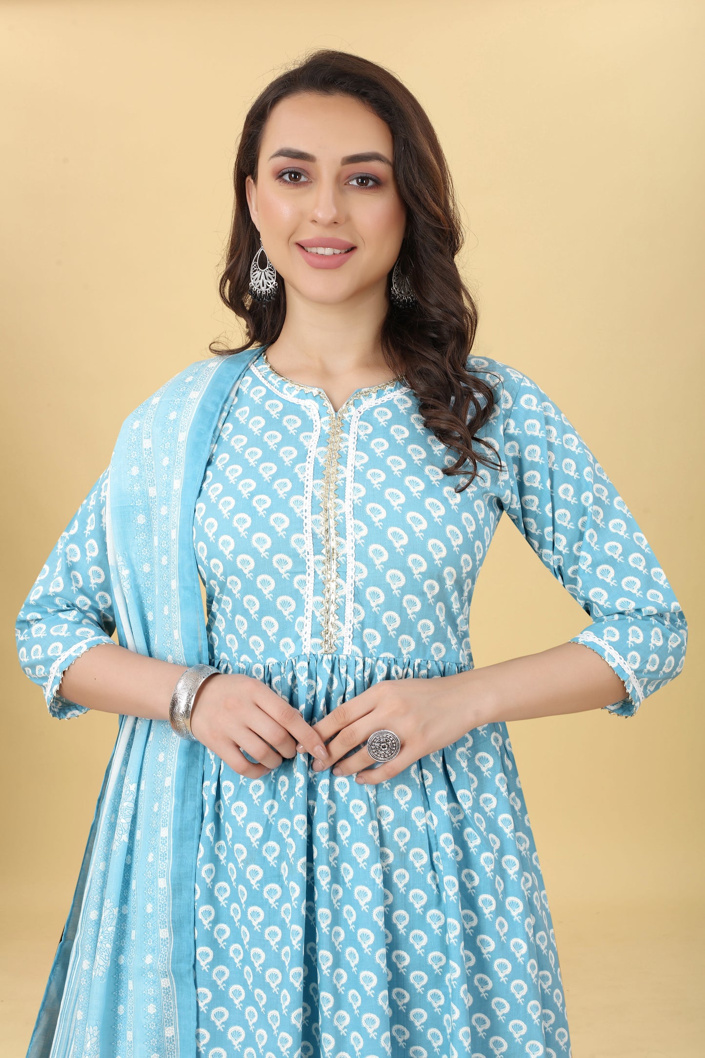 Blue Women Cotton Kurti Pant With Dupatta