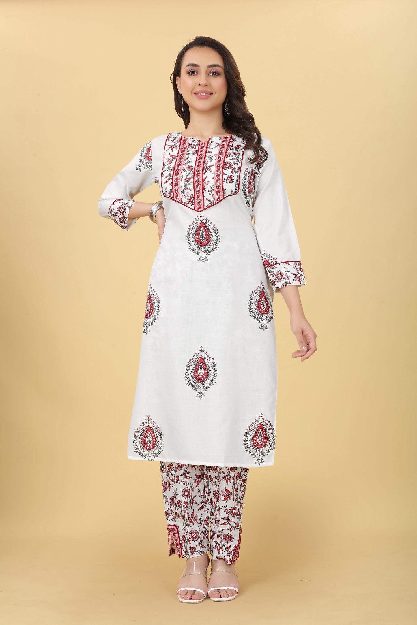 White Women Cotton Fabric Printed Straight Kurti With Pant