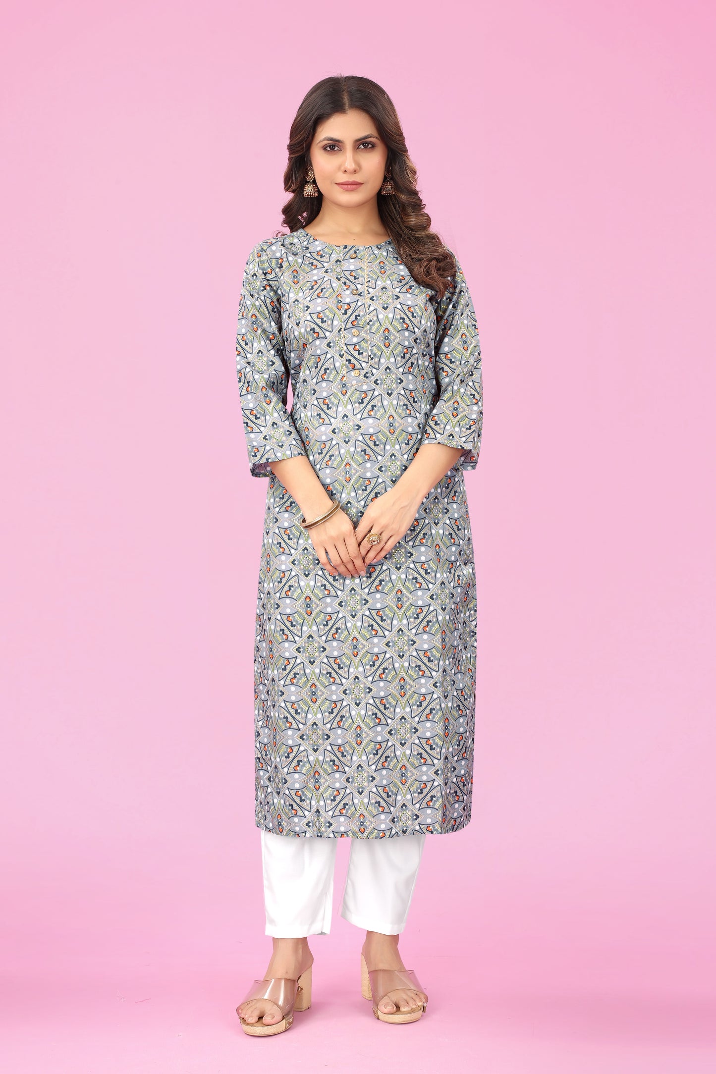 Chic Foil Blossom Peach Cotton Print Straight Kurti by Premroop