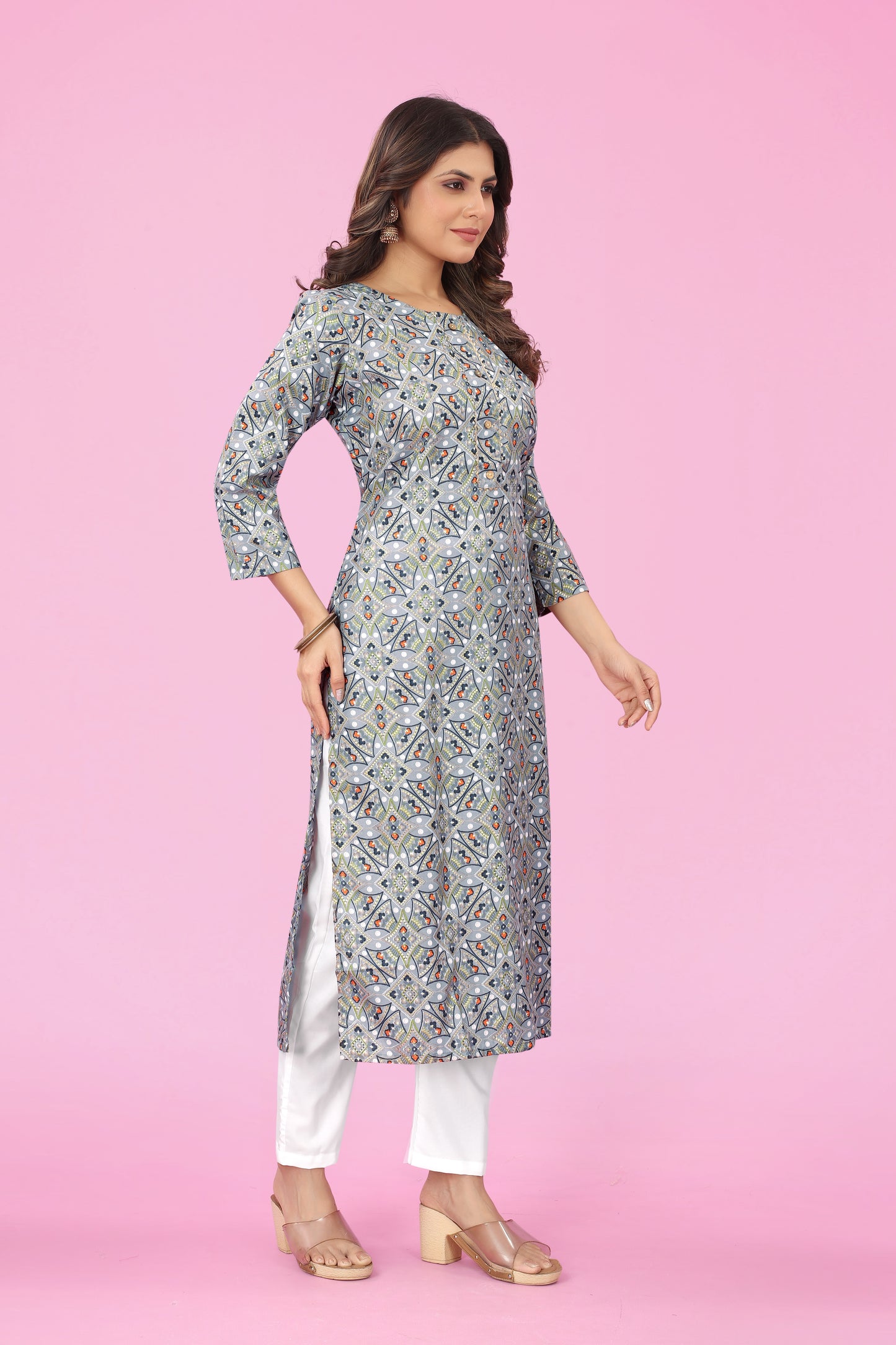 Chic Foil Blossom Peach Cotton Print Straight Kurti by Premroop