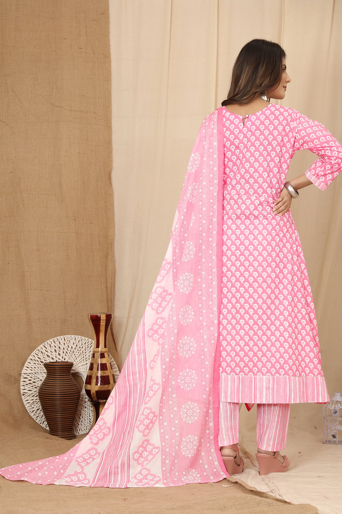 Pink Cotton Round Kurta Suit Set by Premroop