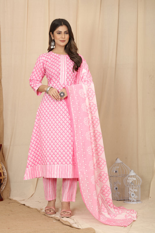 Pink Cotton Round Kurta Suit Set by Premroop