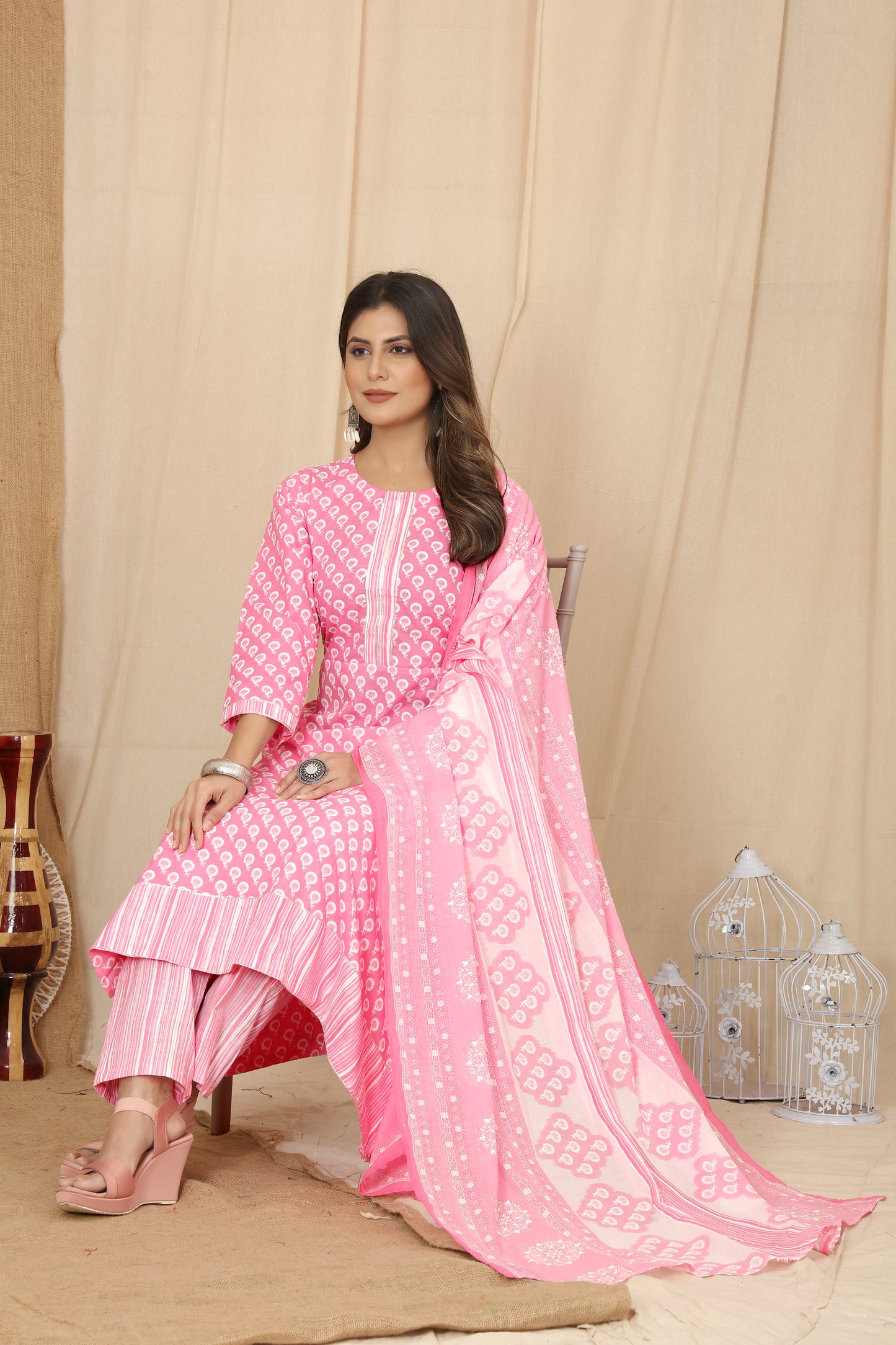 Pink Cotton Round Kurta Suit Set by Premroop