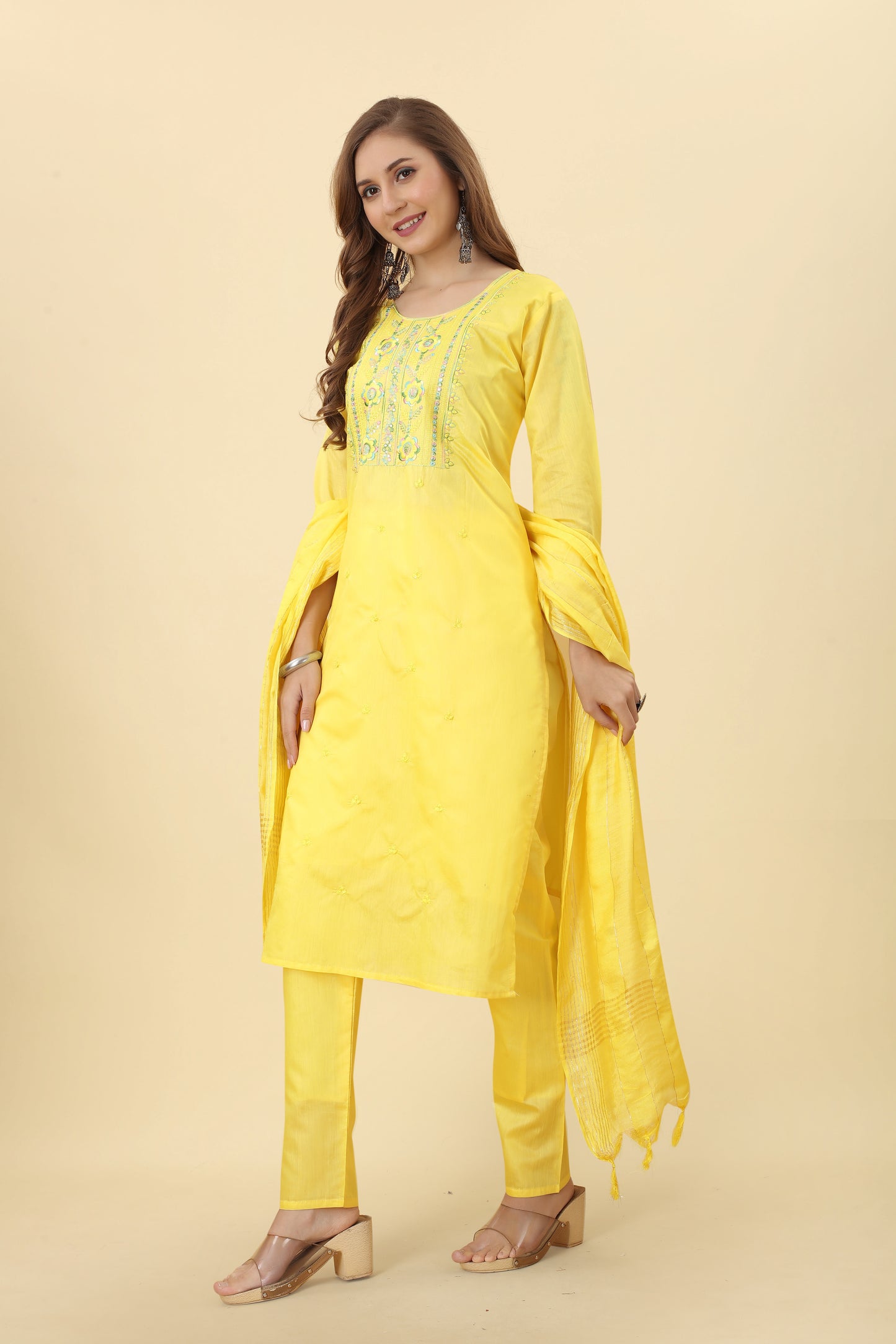 Yellow Chanderi Kurta Set with Dupatta for Festive Occasion