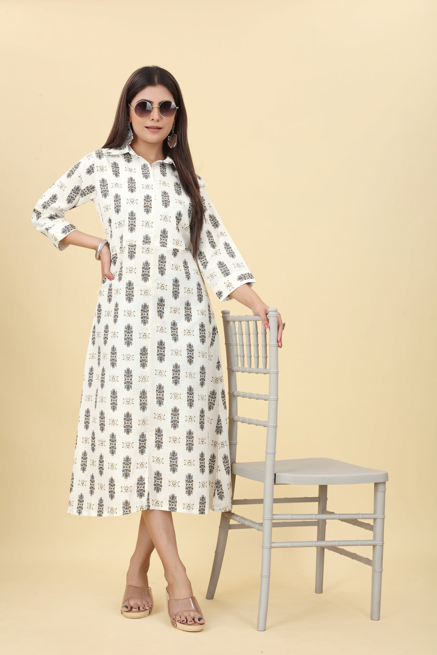 White and Black Printed A-line Style Kurta