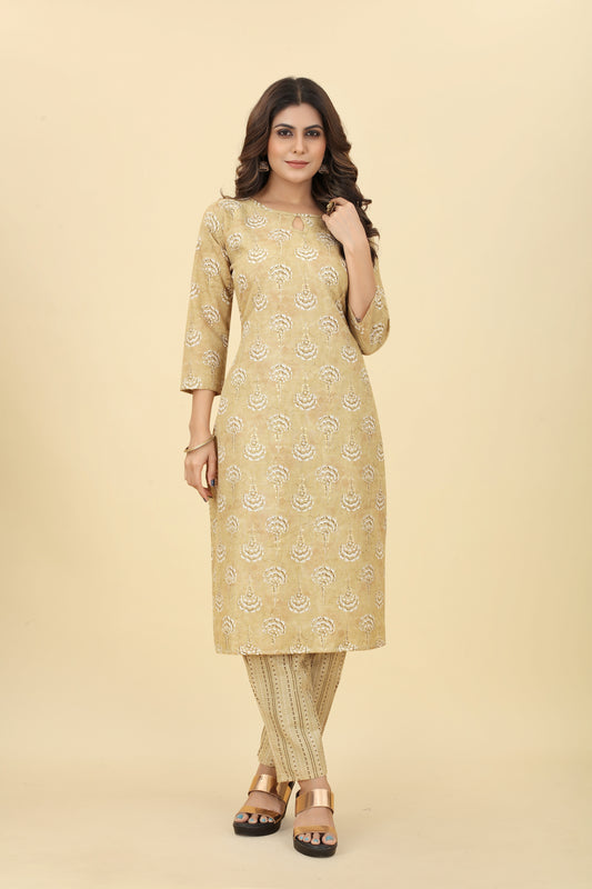 Yellow Women Cotton  Straight Kurti with Pant