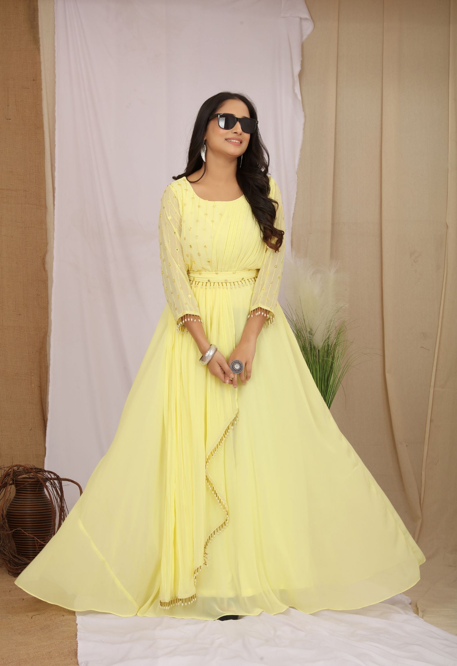 Buy Yellow Dola Silk Leheriya Drape Asymmetric Ethnic Dress – SCAKHI
