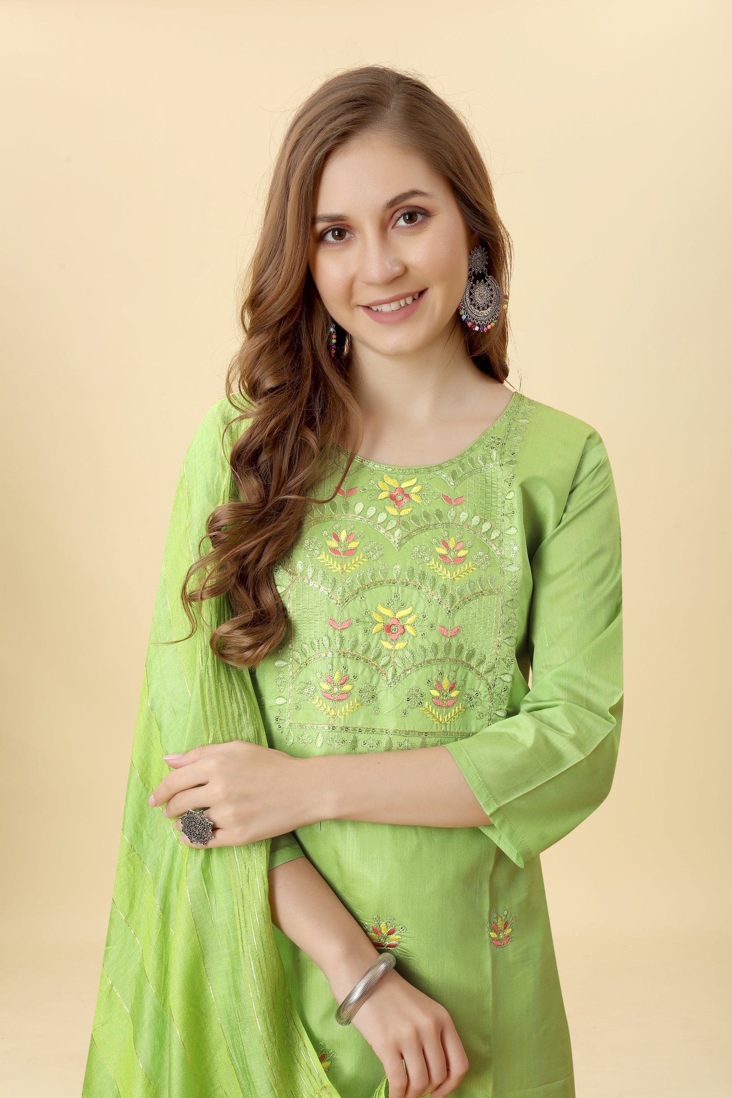 Green Floral Embroidered Chanderi Suit by Premroop