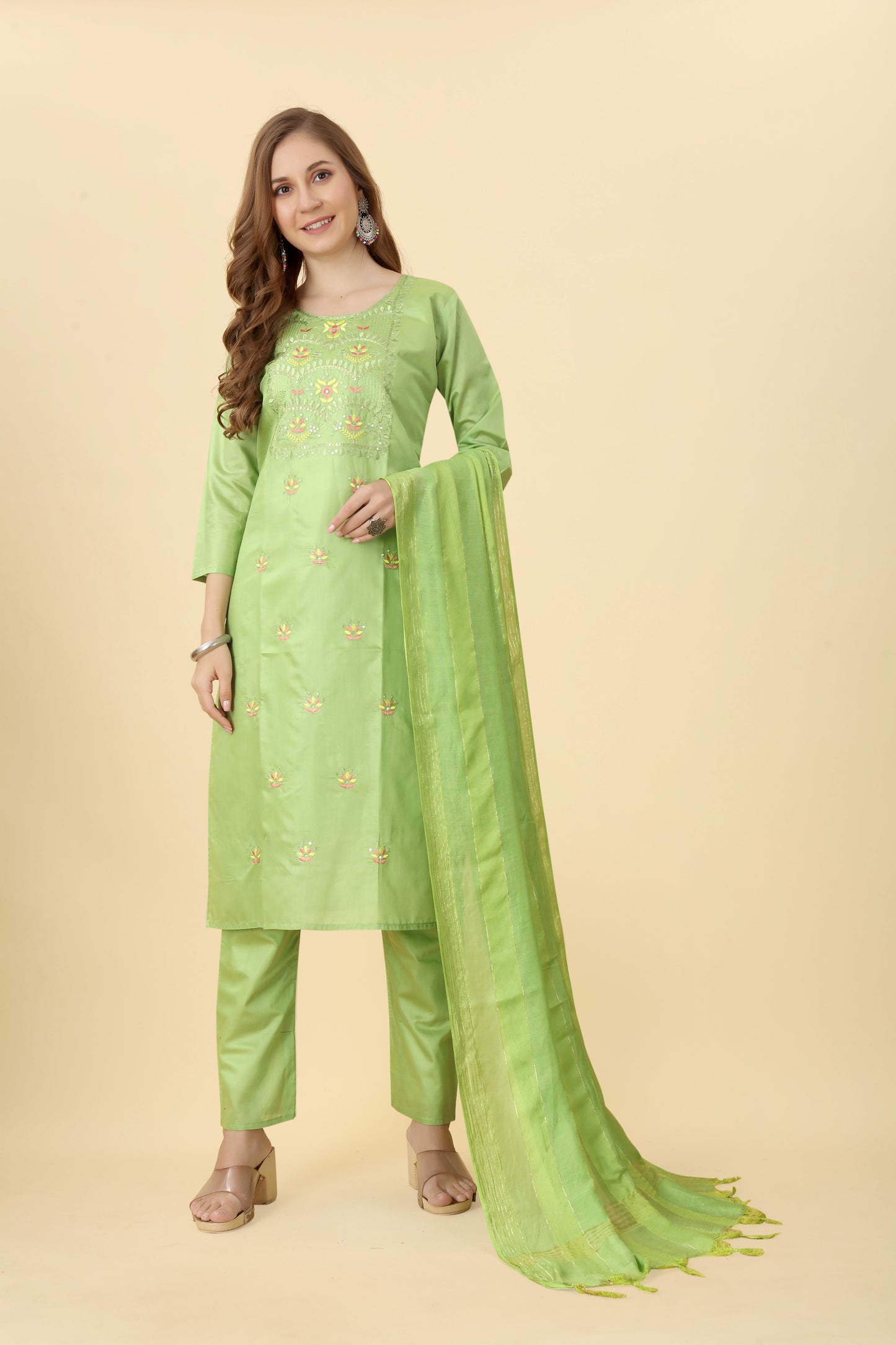 Green Floral Embroidered Chanderi Suit by Premroop