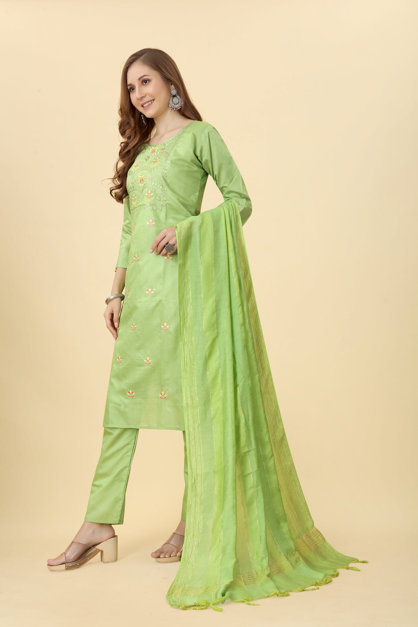 Green Floral Embroidered Chanderi Suit by Premroop