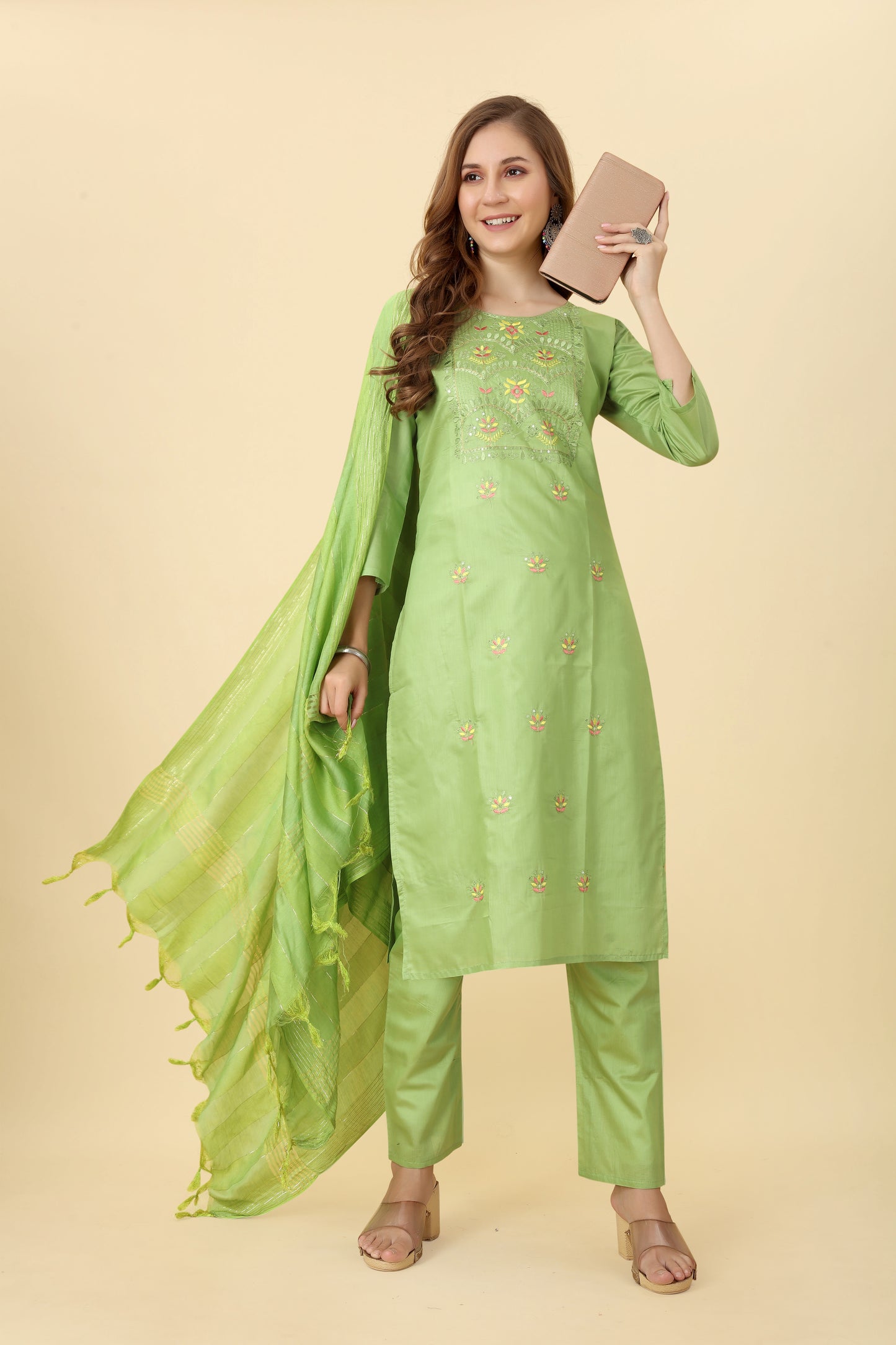 Green Floral Embroidered Chanderi Suit by Premroop