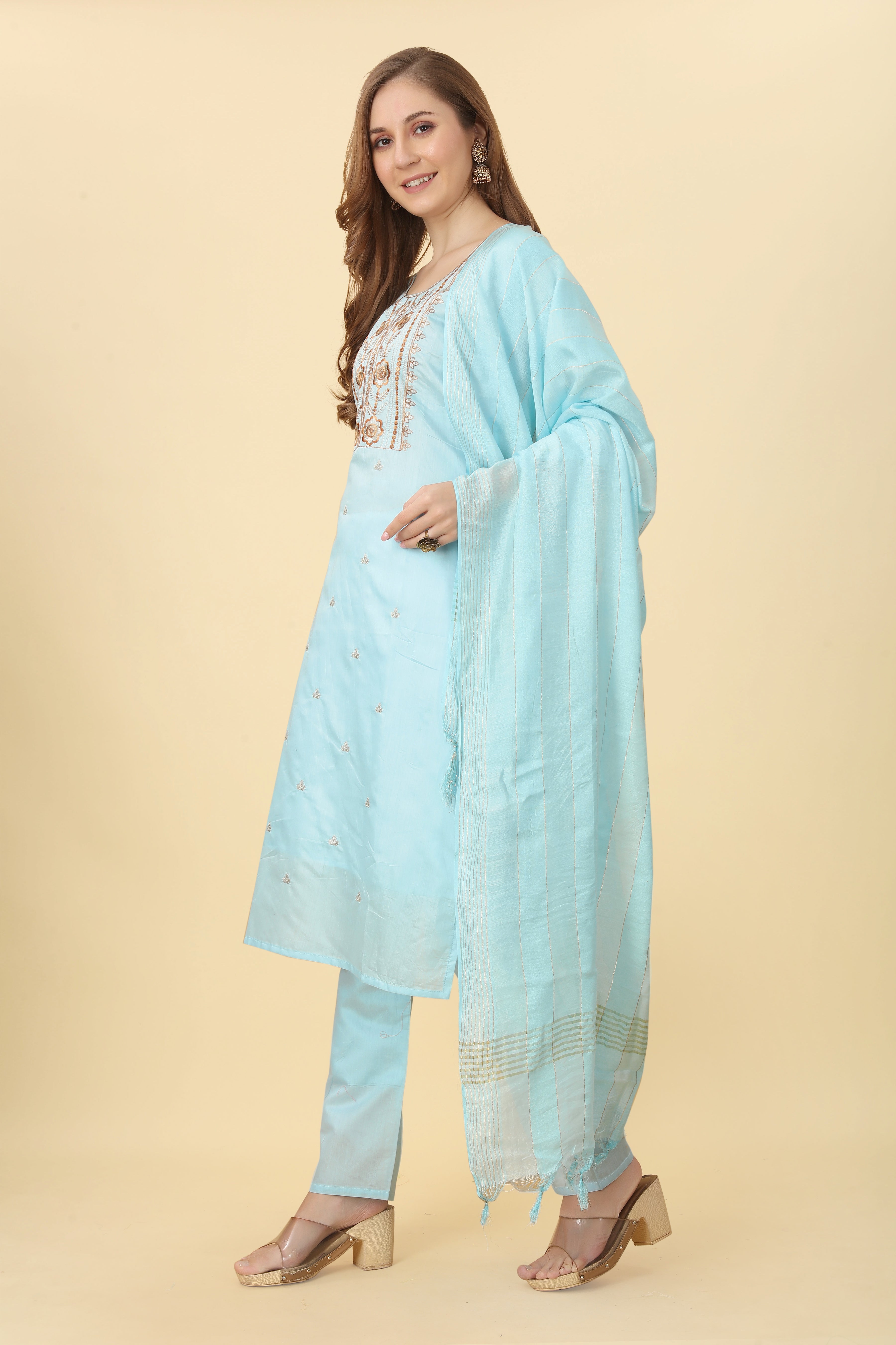 Multicolour Straight Cotton Blend Kurti Pant Dupatta Set for Women | Khadi Kurti  Pant Set |