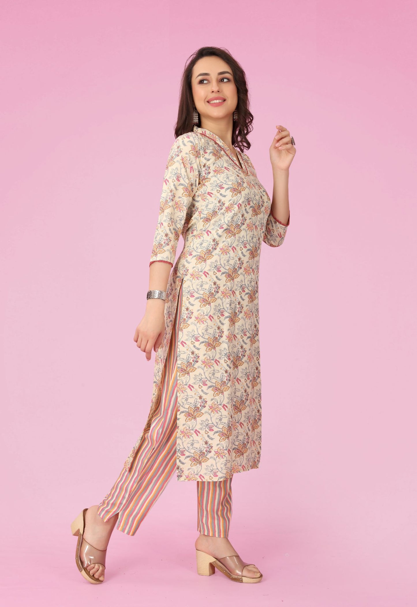 Cream Rayon Kurta Pant Set