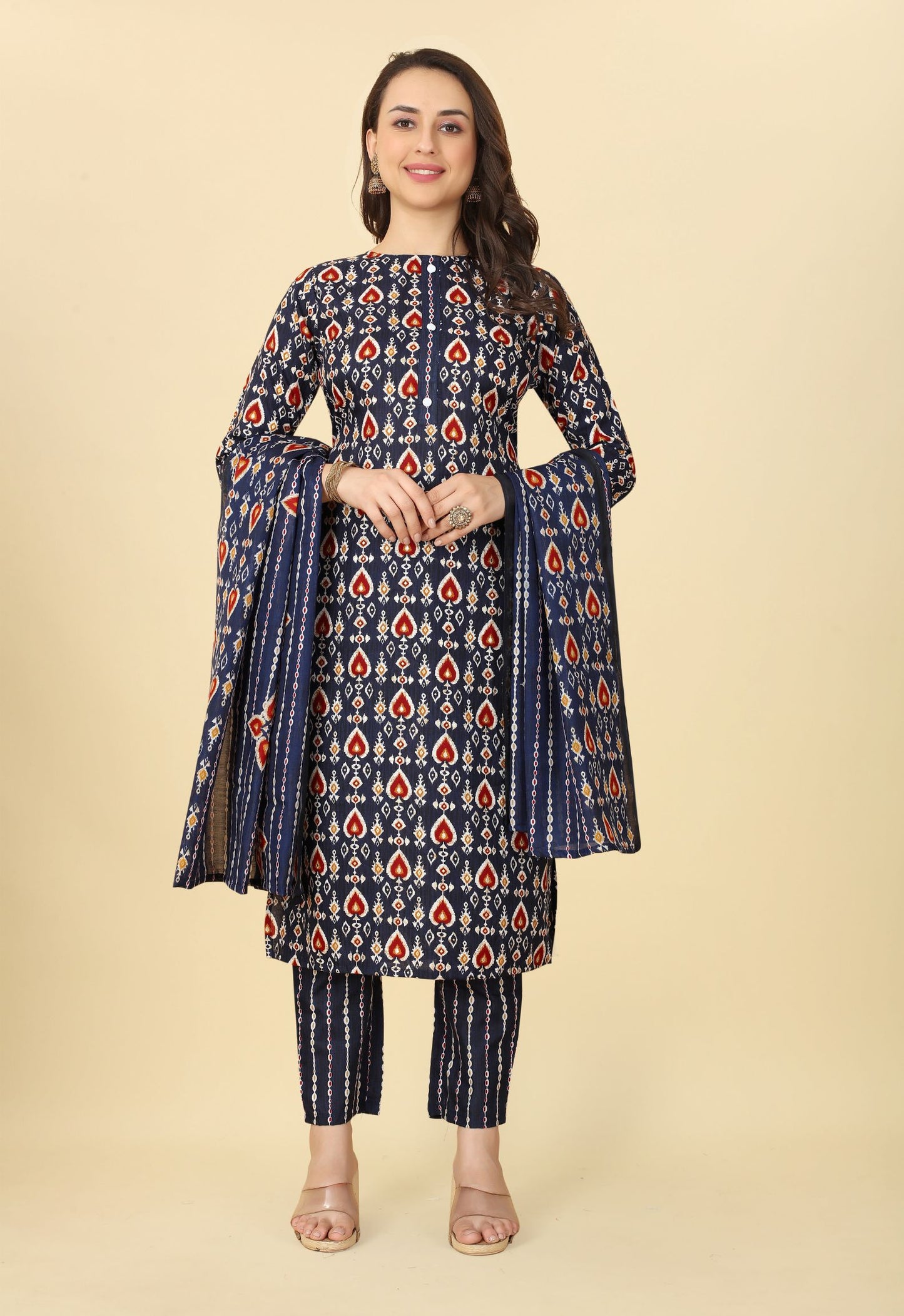 Women Cotton Printed Kurti Pant Set with Dupatta