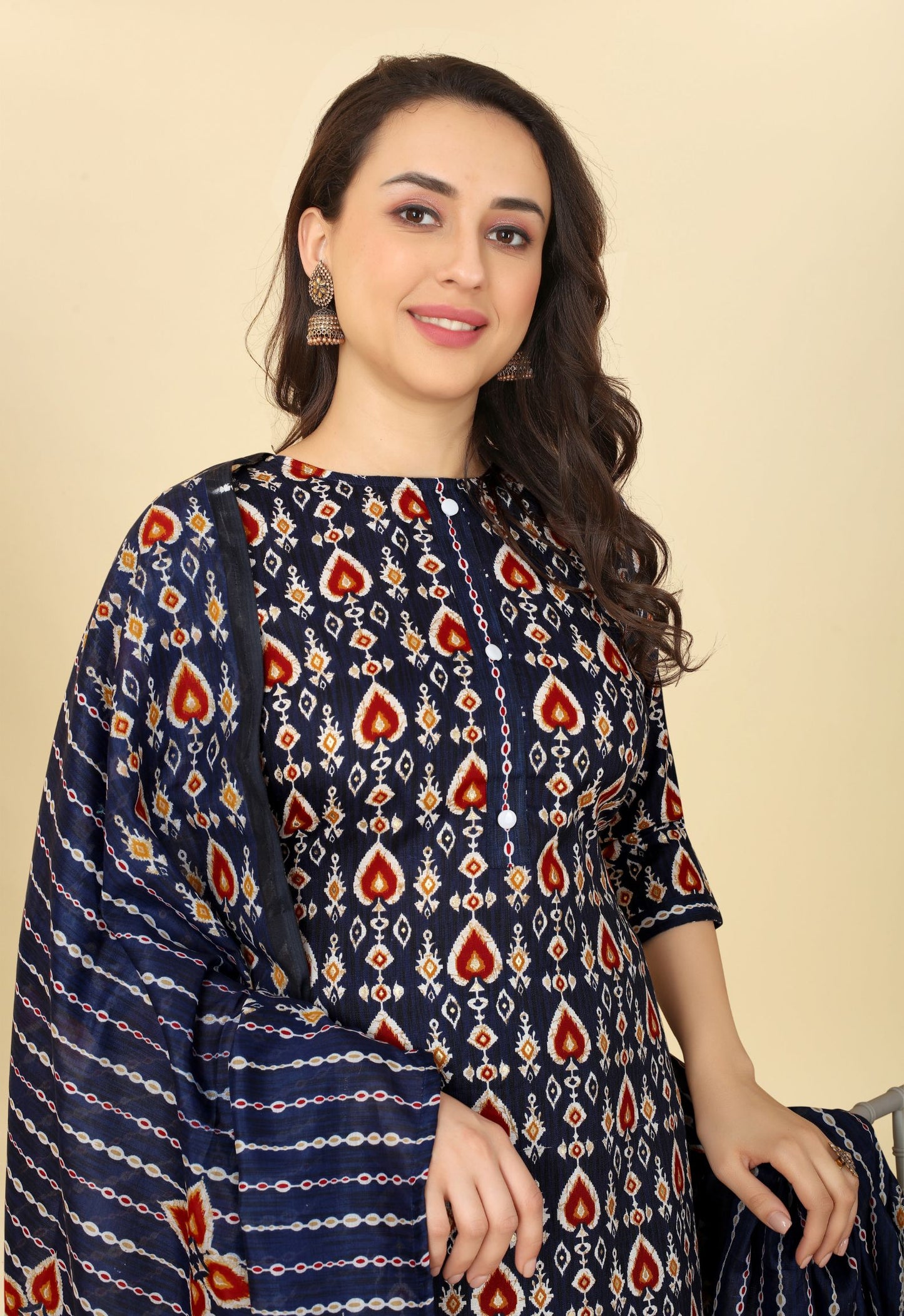 Women Cotton Printed Kurti Pant Set with Dupatta