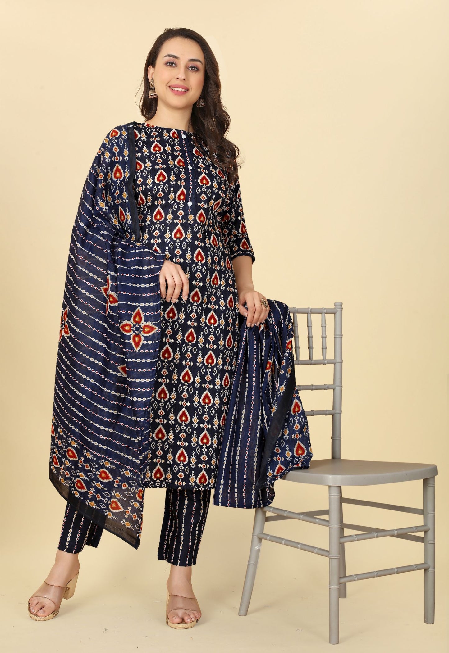 Women Cotton Printed Kurti Pant Set with Dupatta