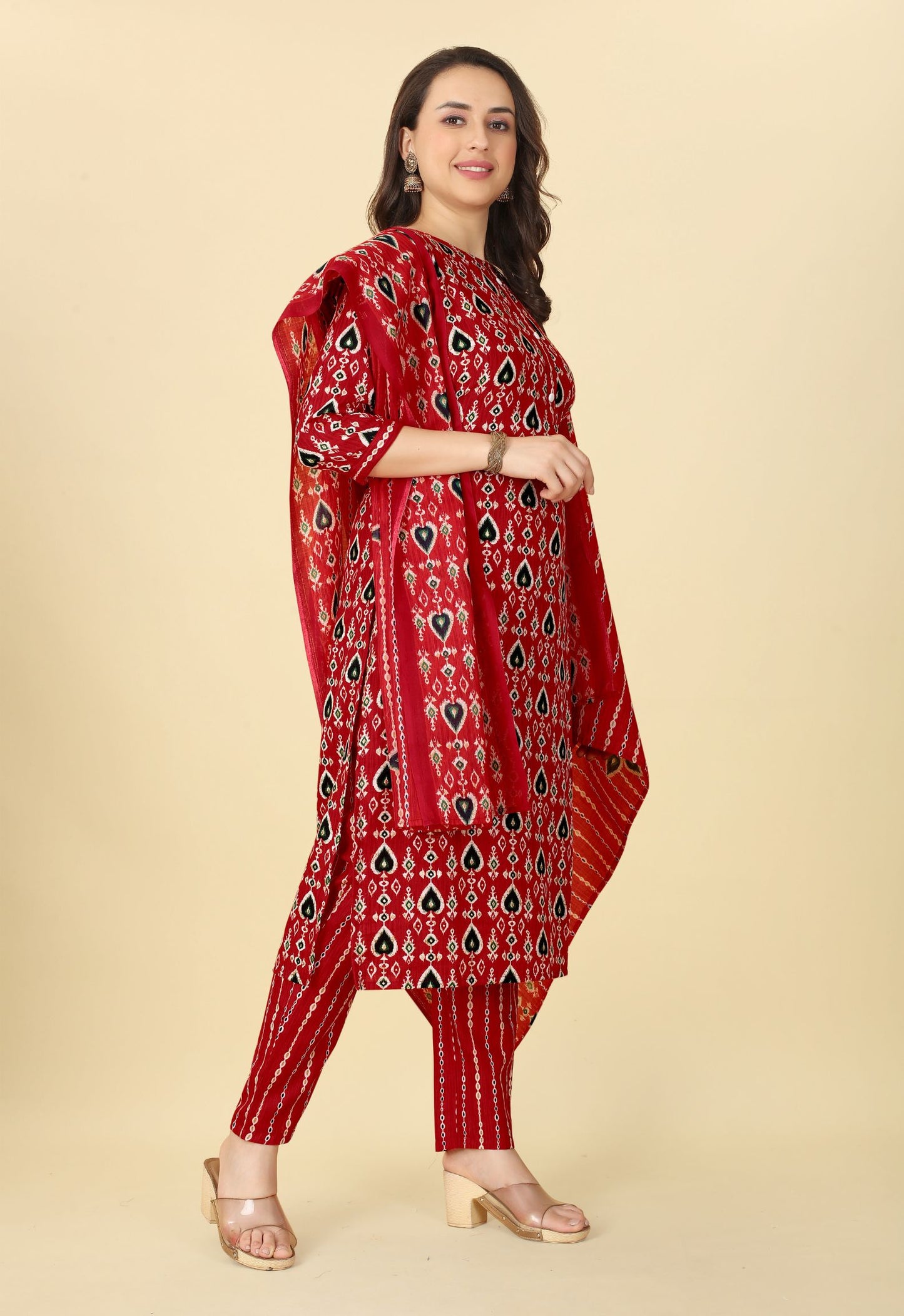 Women Cotton Printed Kurti Pant Set with Dupatta