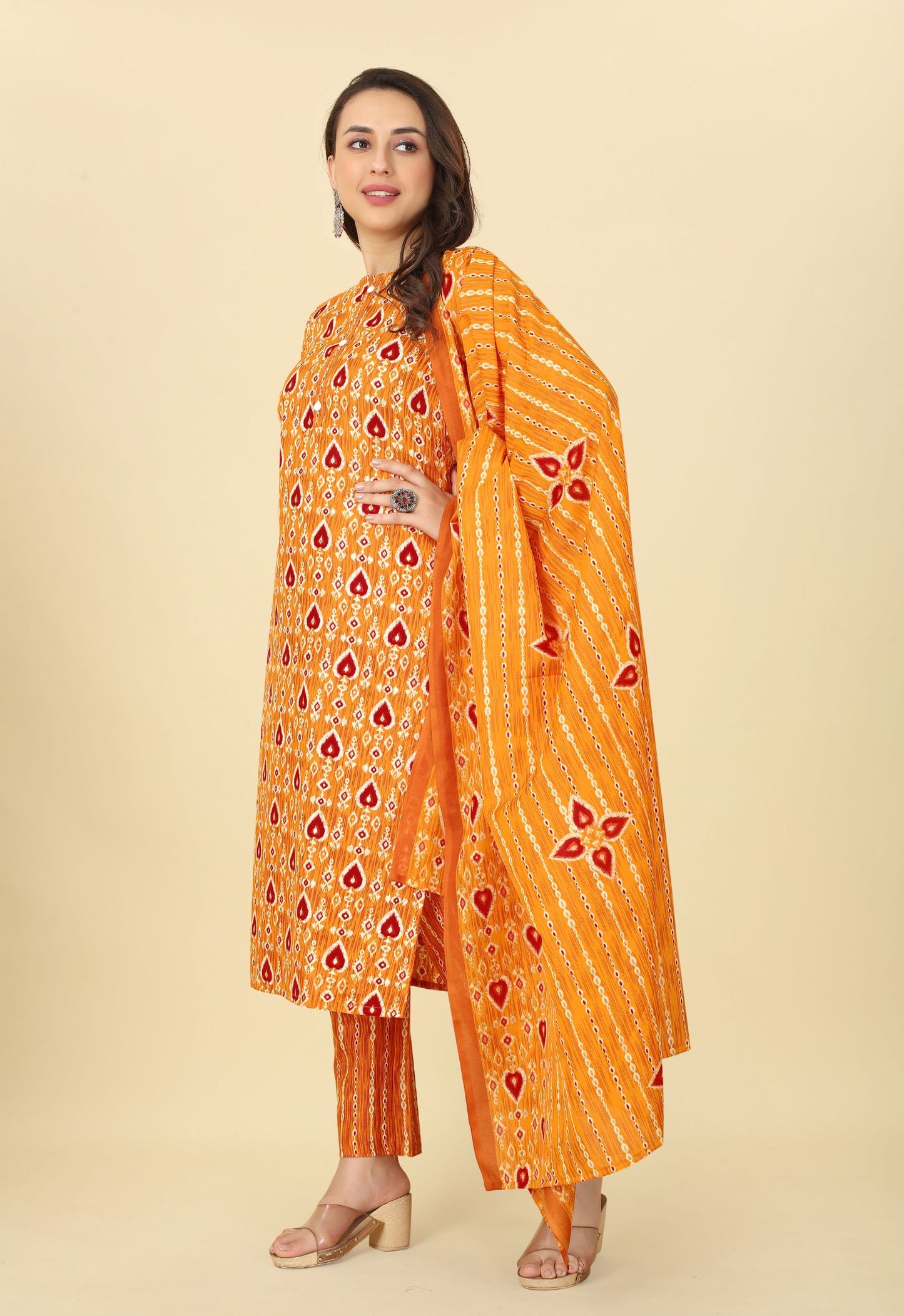 Women Cotton Printed Kurti Pant Set with Dupatta