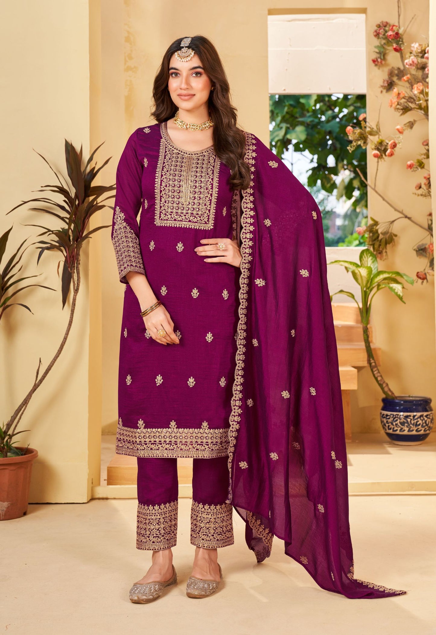 Wine Embroidered Straight Kurti Pant With Dupatta Set