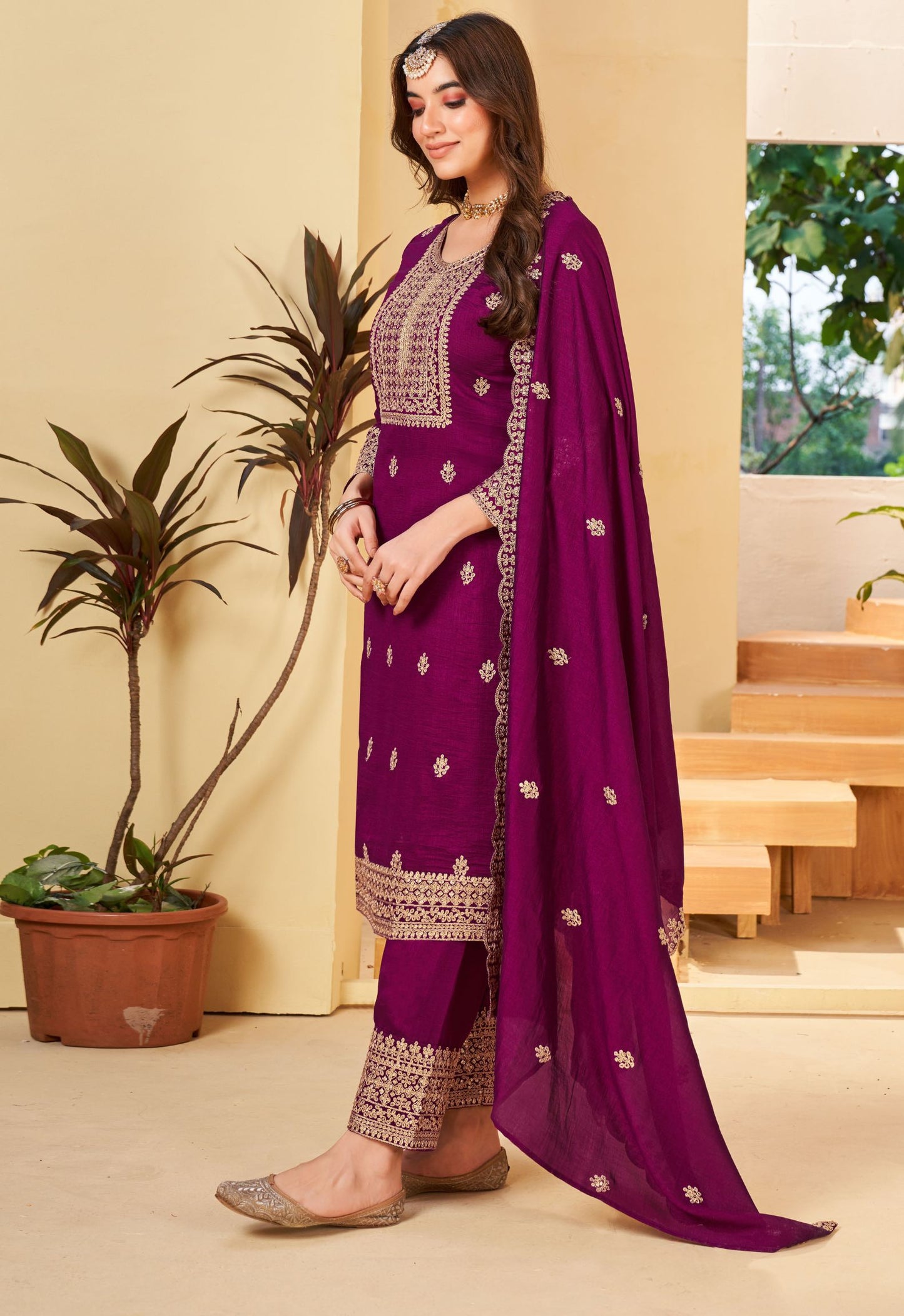 Wine Embroidered Straight Kurti Pant With Dupatta Set