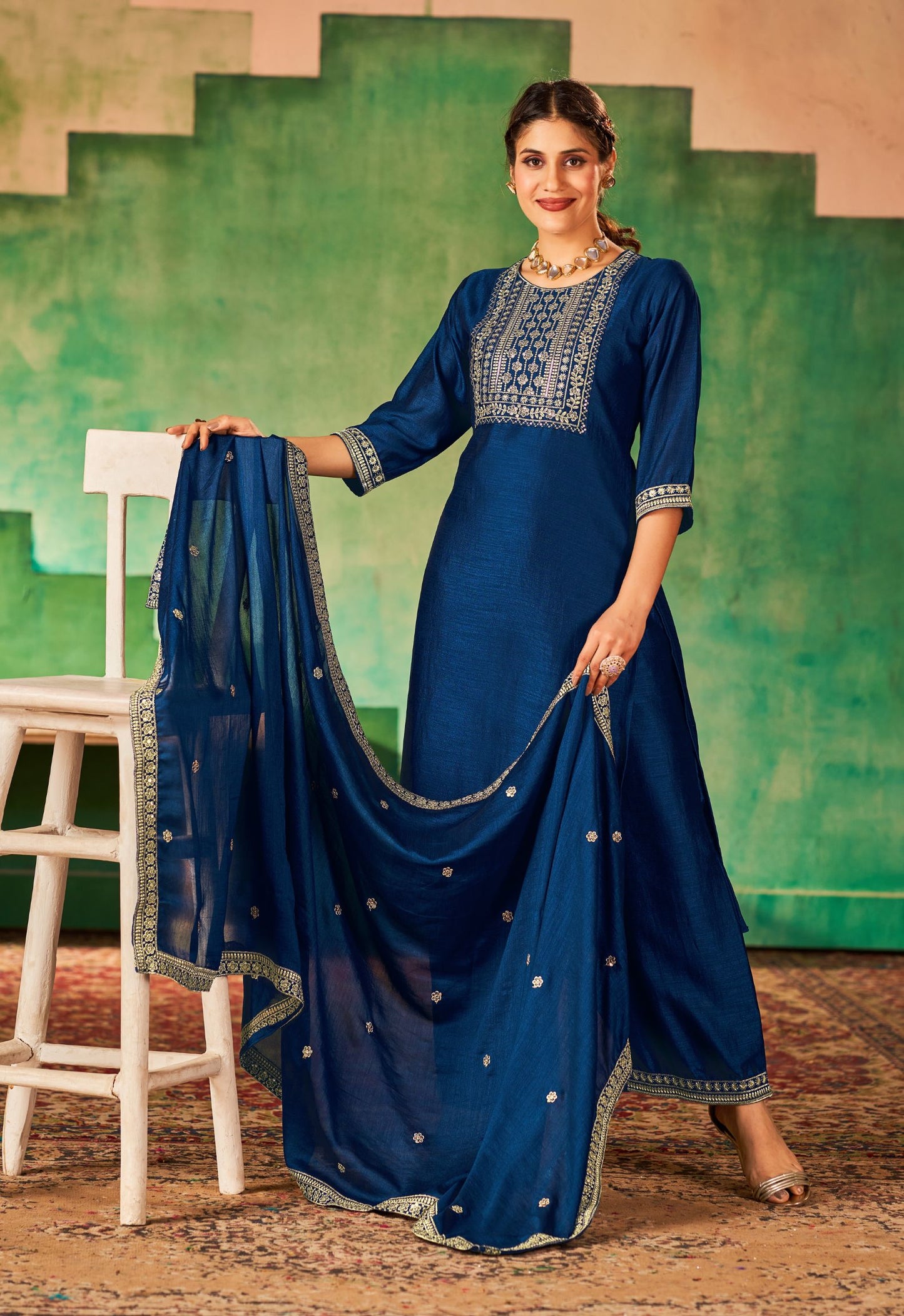 Navy Blue Women Silk Embroidered Work Kurti Pant Dupatta Set