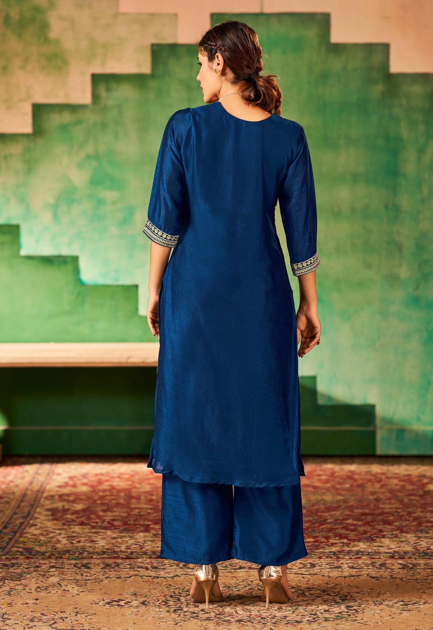 Navy Blue Women Silk Embroidered Work Kurti Pant Dupatta Set