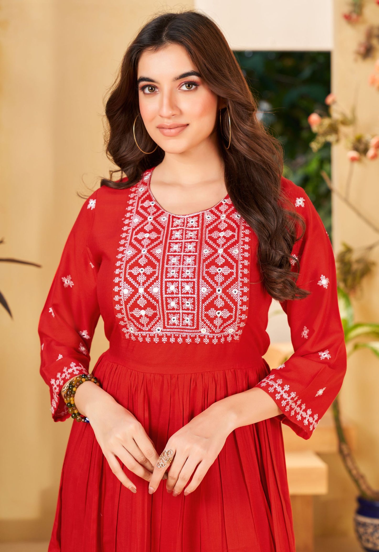 Red Rayon Embroidered Kurta for Women