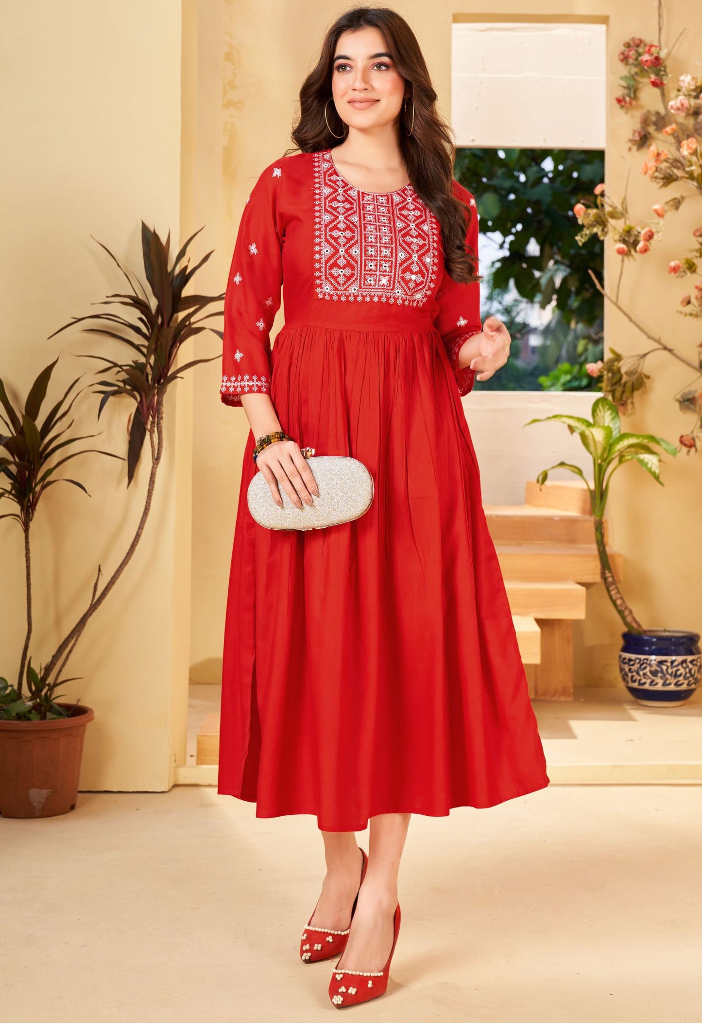 Red Rayon Embroidered Kurta for Women