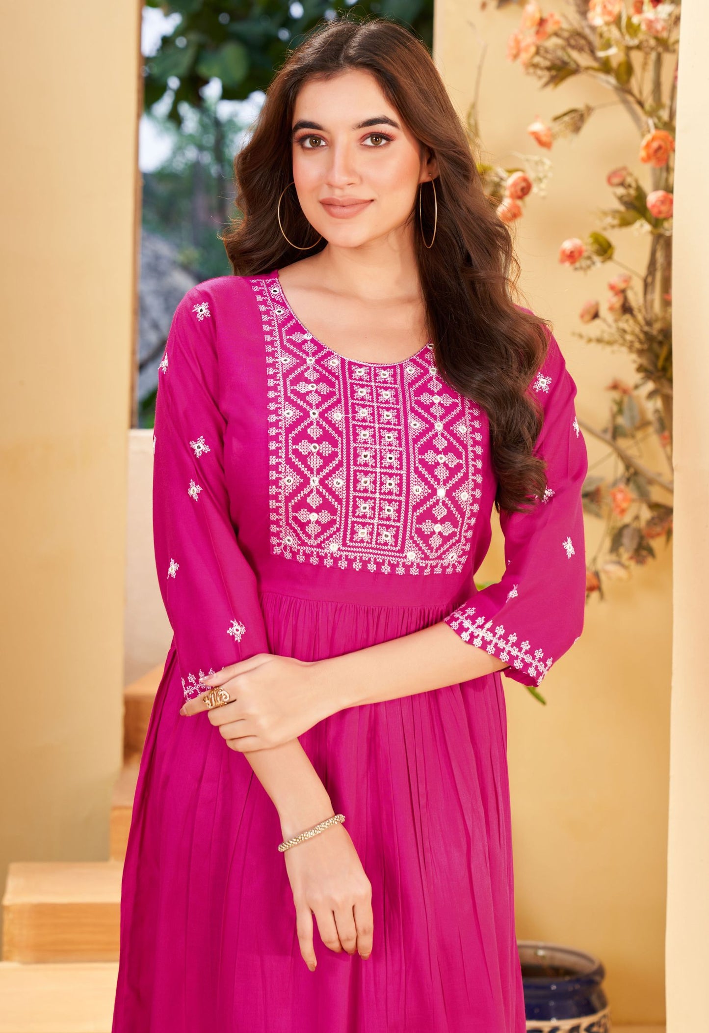 Pink Rayon Embroidered Kurtas for Women