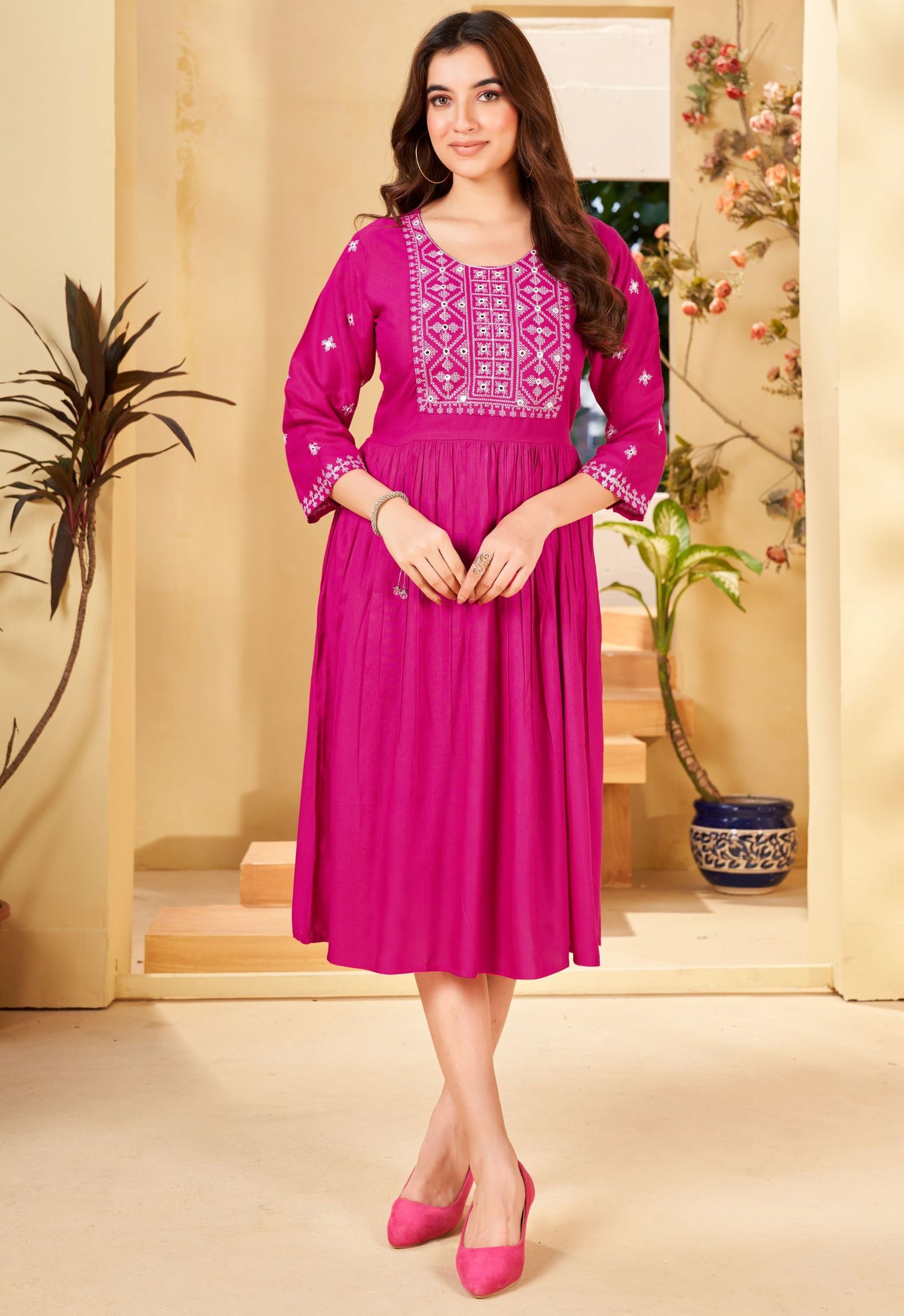 Pink Rayon Embroidered Kurtas for Women