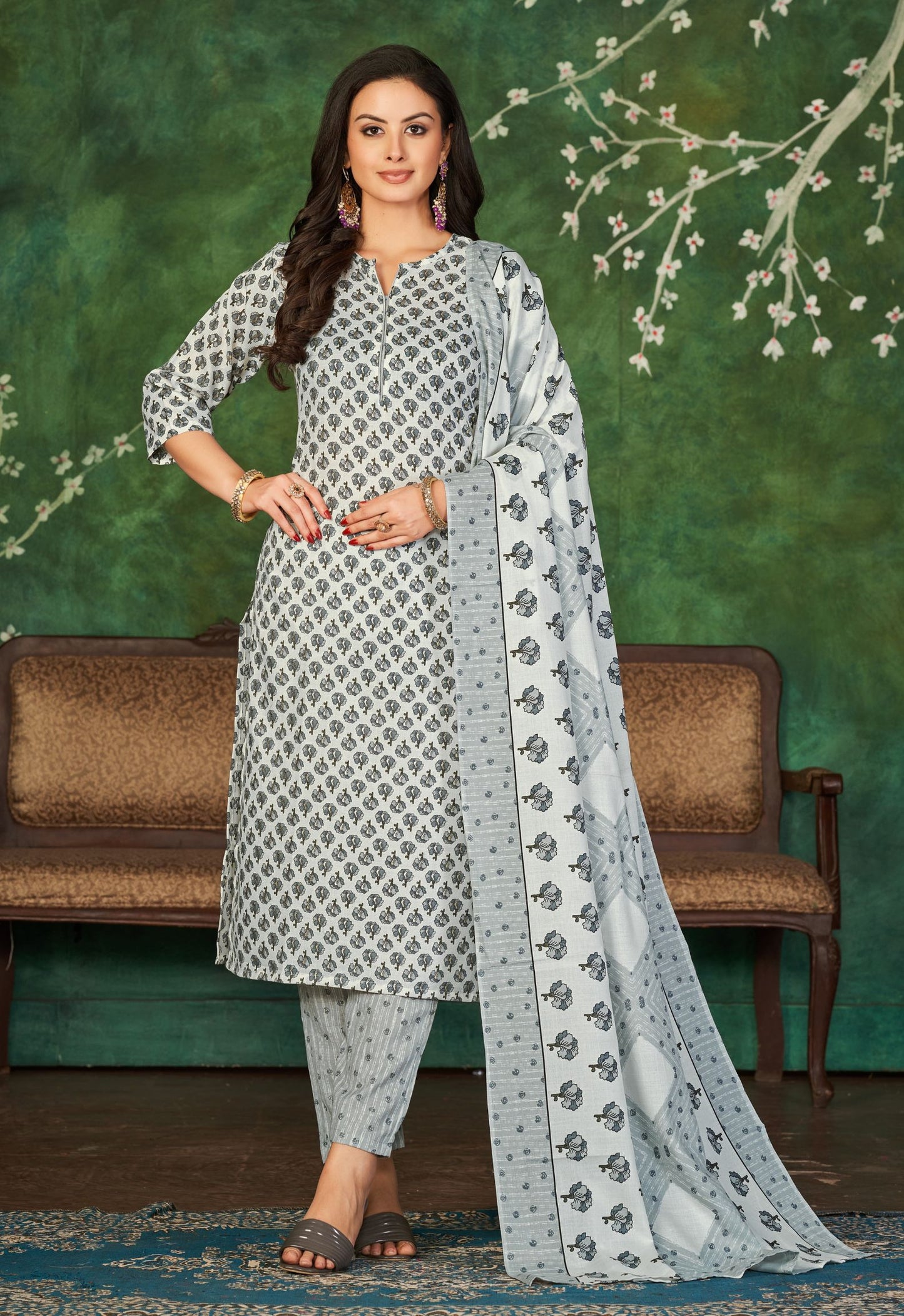 Grey Cotton Kurtis With Pants and Dupatta