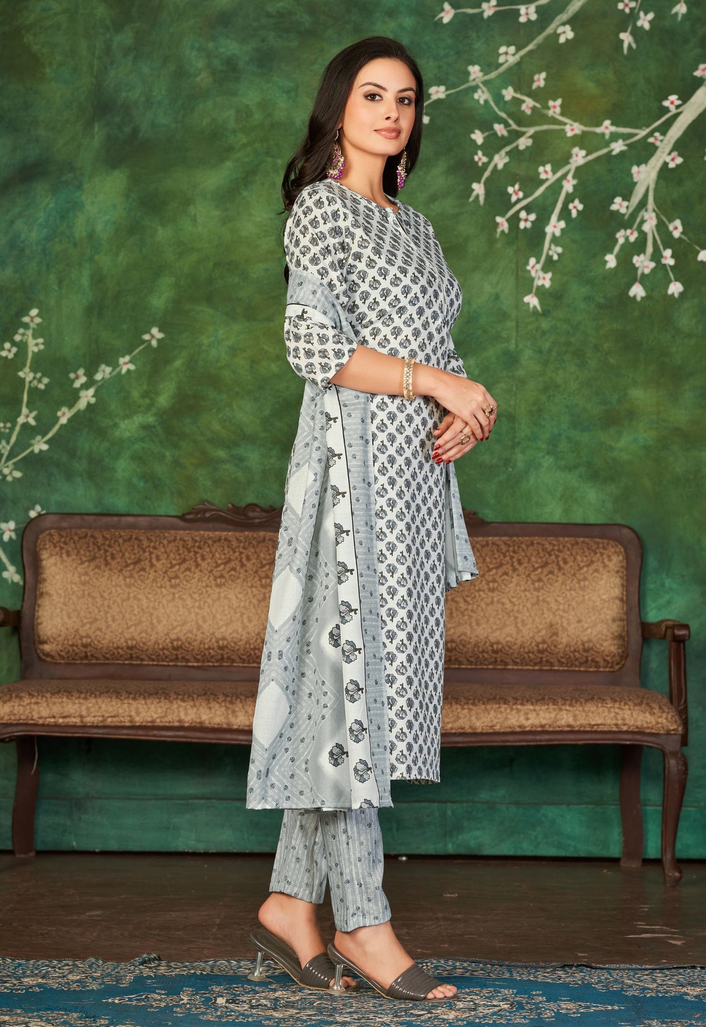 Grey Cotton Kurtis With Pants and Dupatta