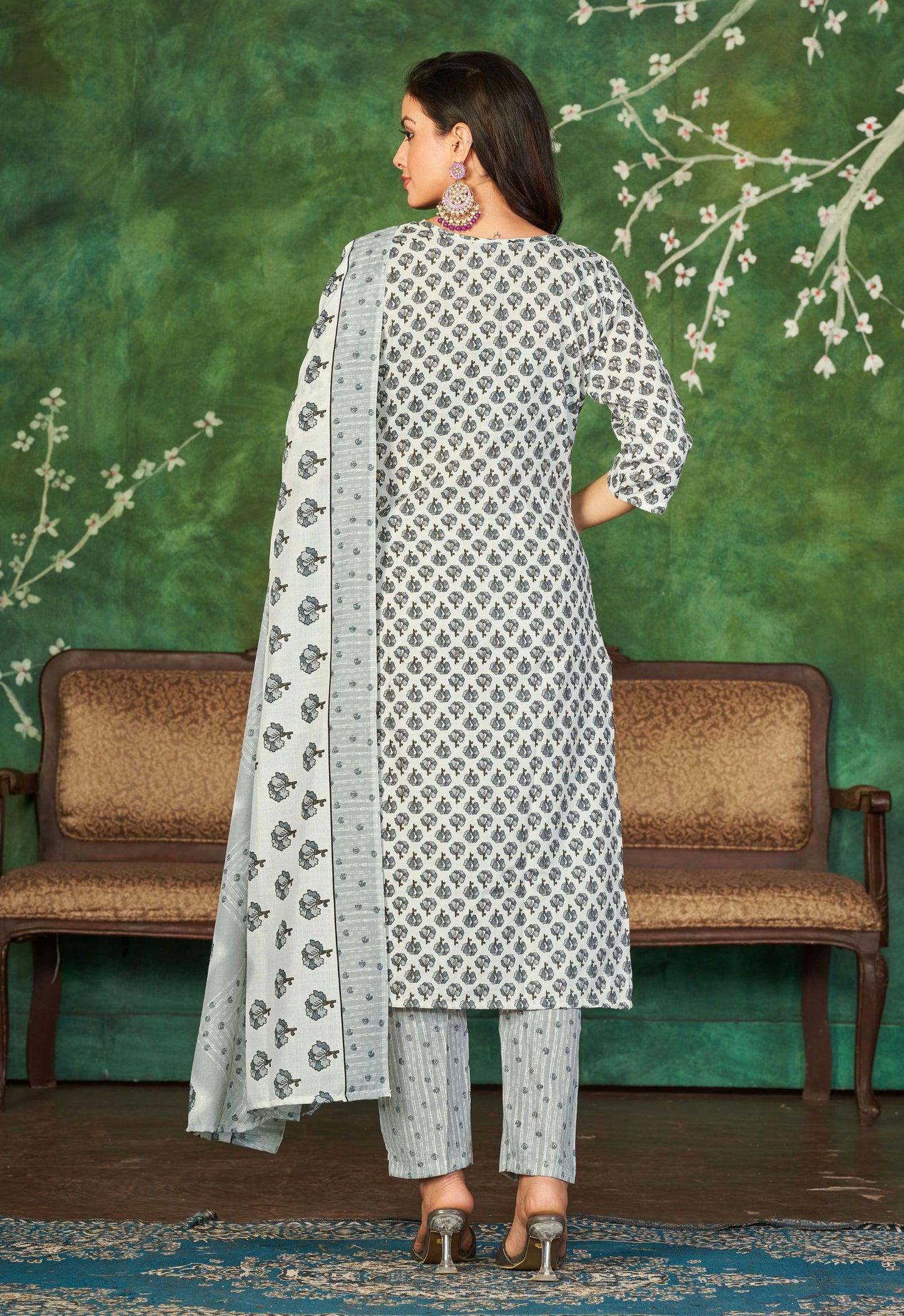 Grey Cotton Kurtis With Pants and Dupatta